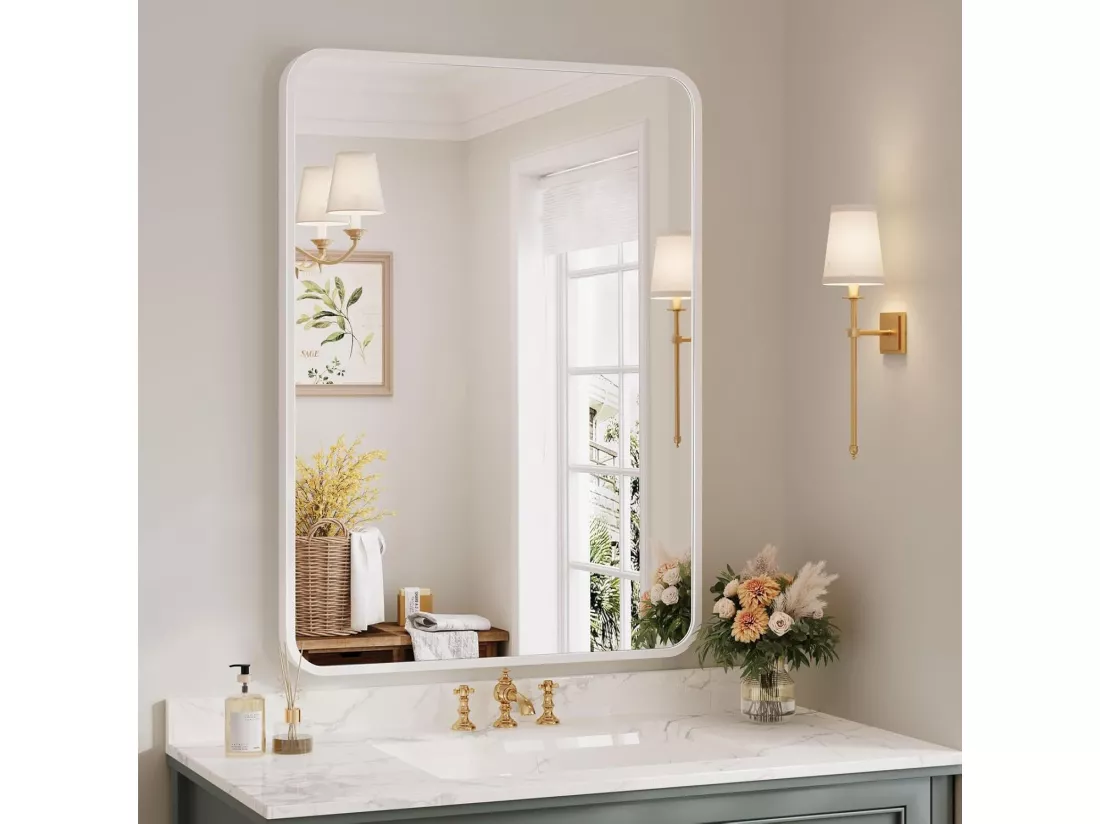 Miroir Mural 75x55cm Rectangulaire avec Cadre en Aluminium - Miroir Salle de Bain - Dressing/Salon Décoration - HD Miroir de Maquillage - Blanc