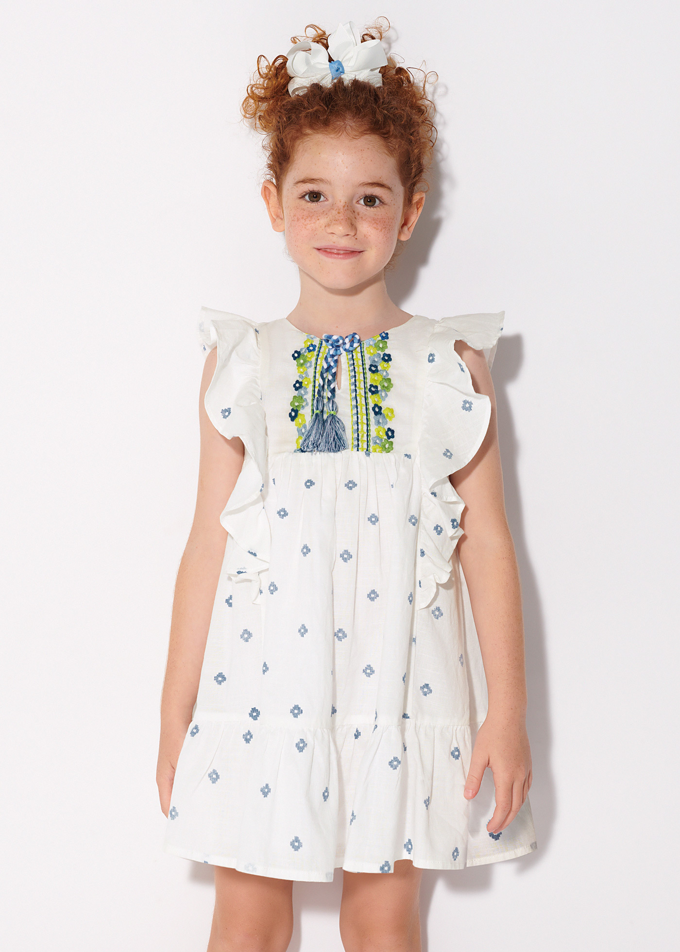 Vestido de algodão estampado com bordado para meninas