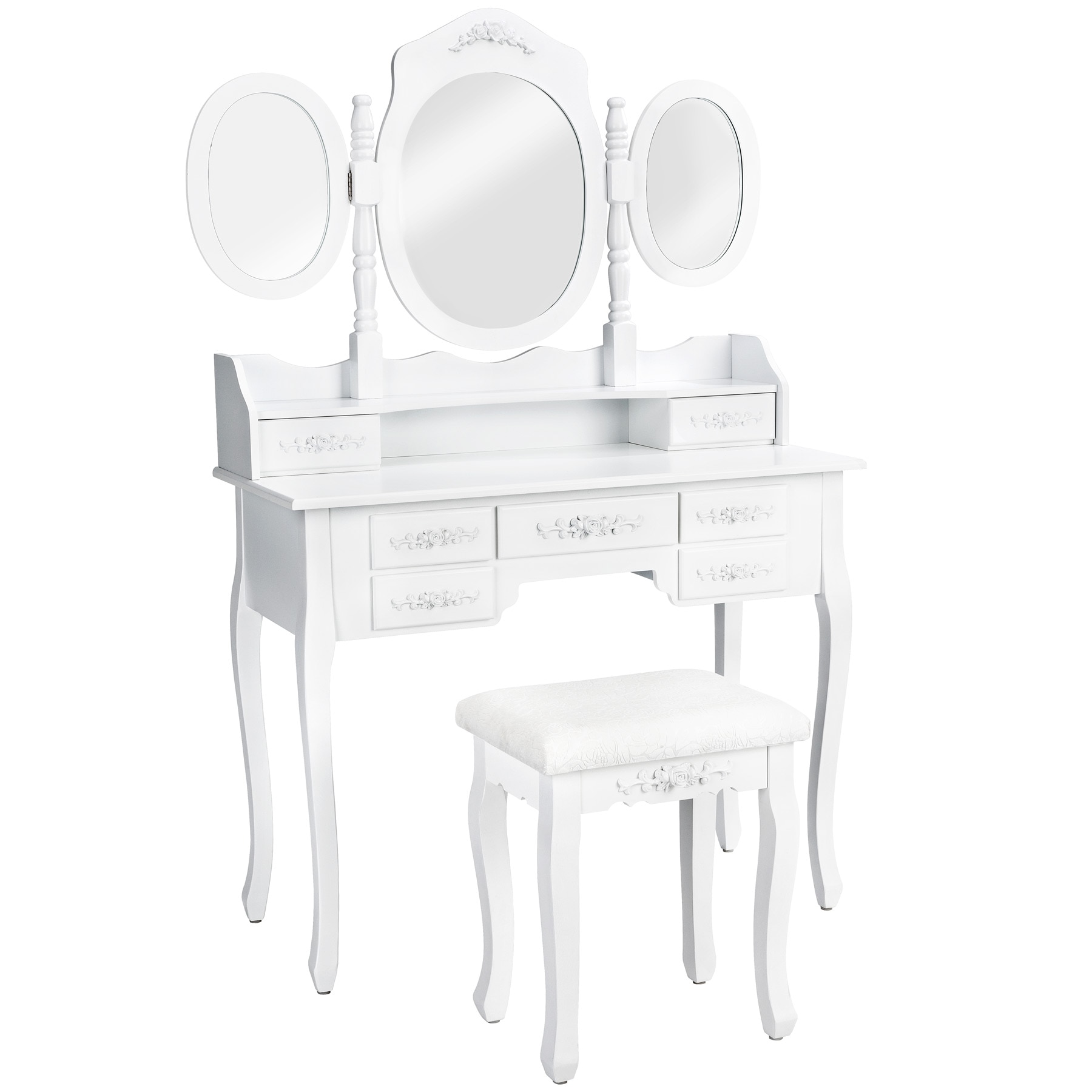 tectake® Schminktisch, im Antik-Look, mit gepolstertem Hocker, 7 Schubladen, 90 x 40 x 145 cm