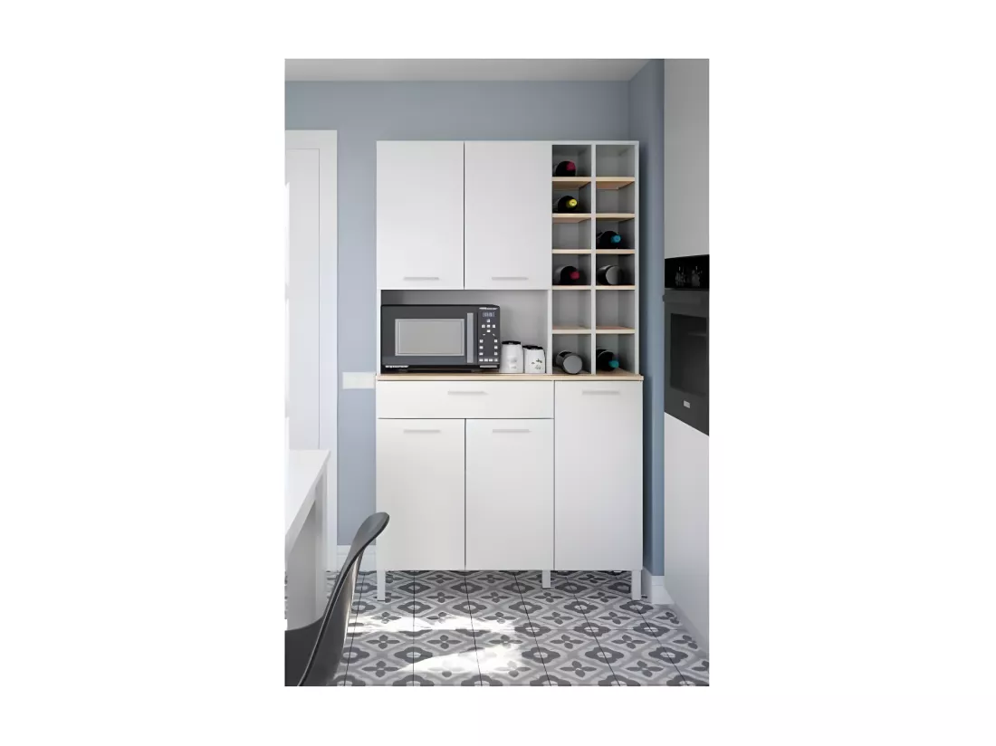 Buffet 5 portes + 1 tiroir + range bouteille - Blanc/Chêne - TEKANA - L 108 x l 40 x H 186