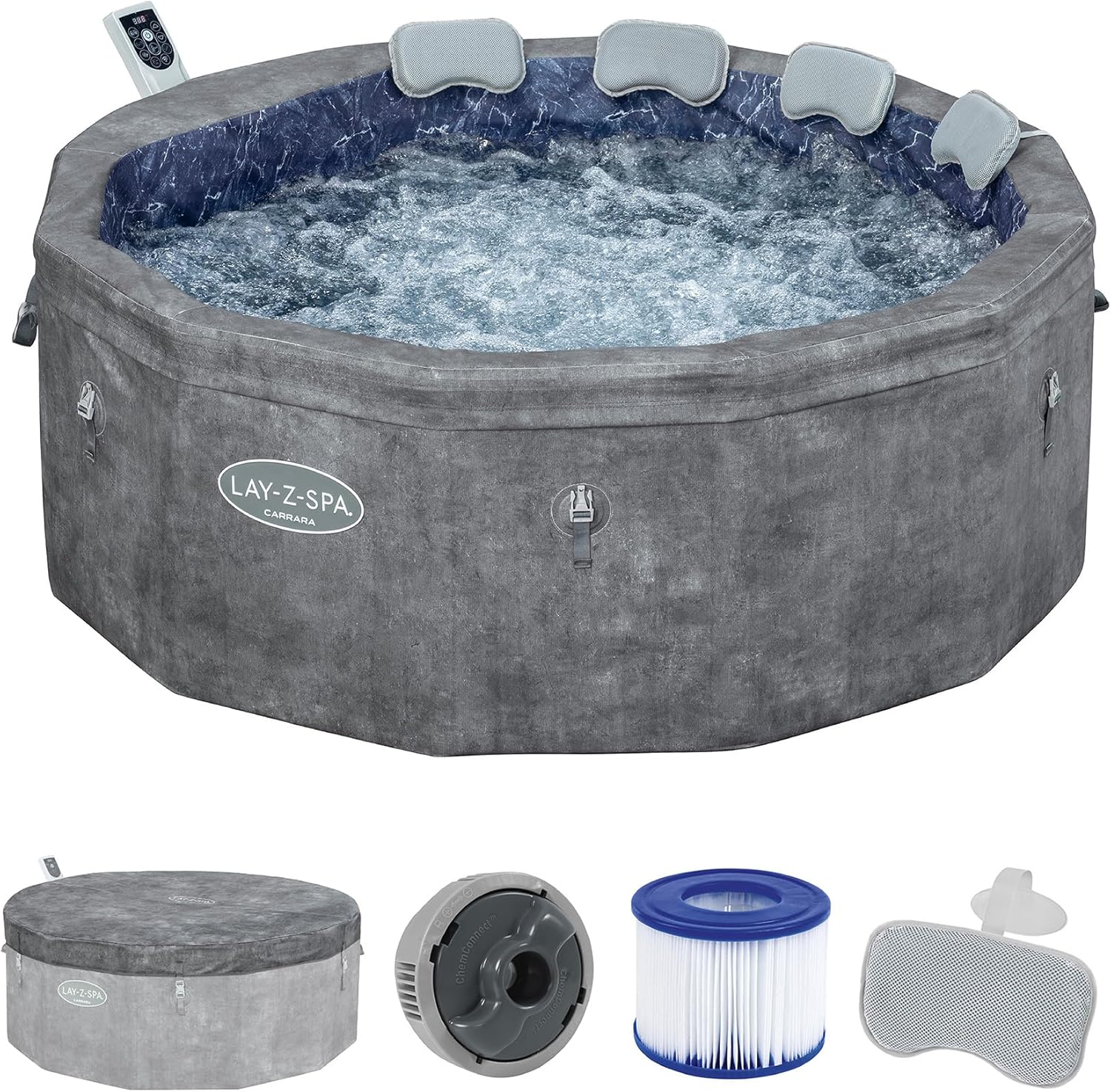 Bestway® Lay-Z-SPA® Energiespar-Whirlpool mit Schaumstoffpaneelen Carrara AirJet™ mit App-Steuerung + integrierter UltraFit™ -Pumpeneinheit, für 6 Personen Ø 170 x 65 cm, Dunkle Alabaster-Optik
