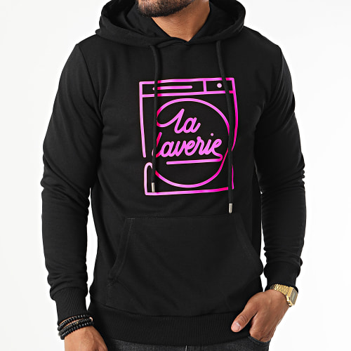 Sweat Capuche La Laverie Noir Rose Fluo