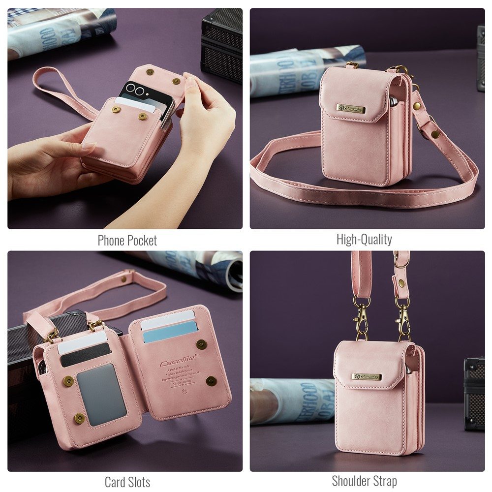 Samsung Galaxy Z Flip7 FE / Z Flip7 / Z Flip6 / Z Flip5 5G Necklace Leder Tasche Flip Wallet Etui mit Kartenfächern (RFID Schutz) - Roségold