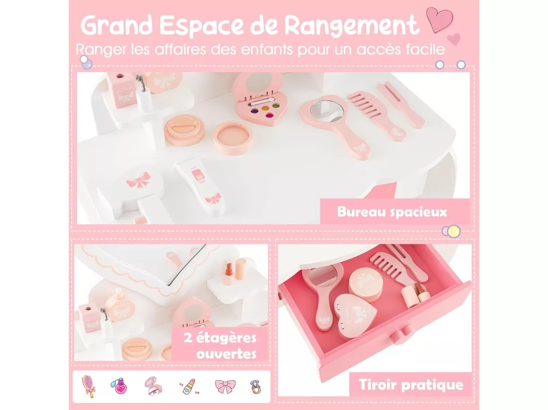 2 en 1 Coiffeuse Enfants avec Tabouret & Miroir Amovible en Forme Cœur, Table de Maquillage Princesse avec 10 Jouets d'Habillage, Tiroir Pratique, Charge 50kg pour Enfants de 3 Ans+