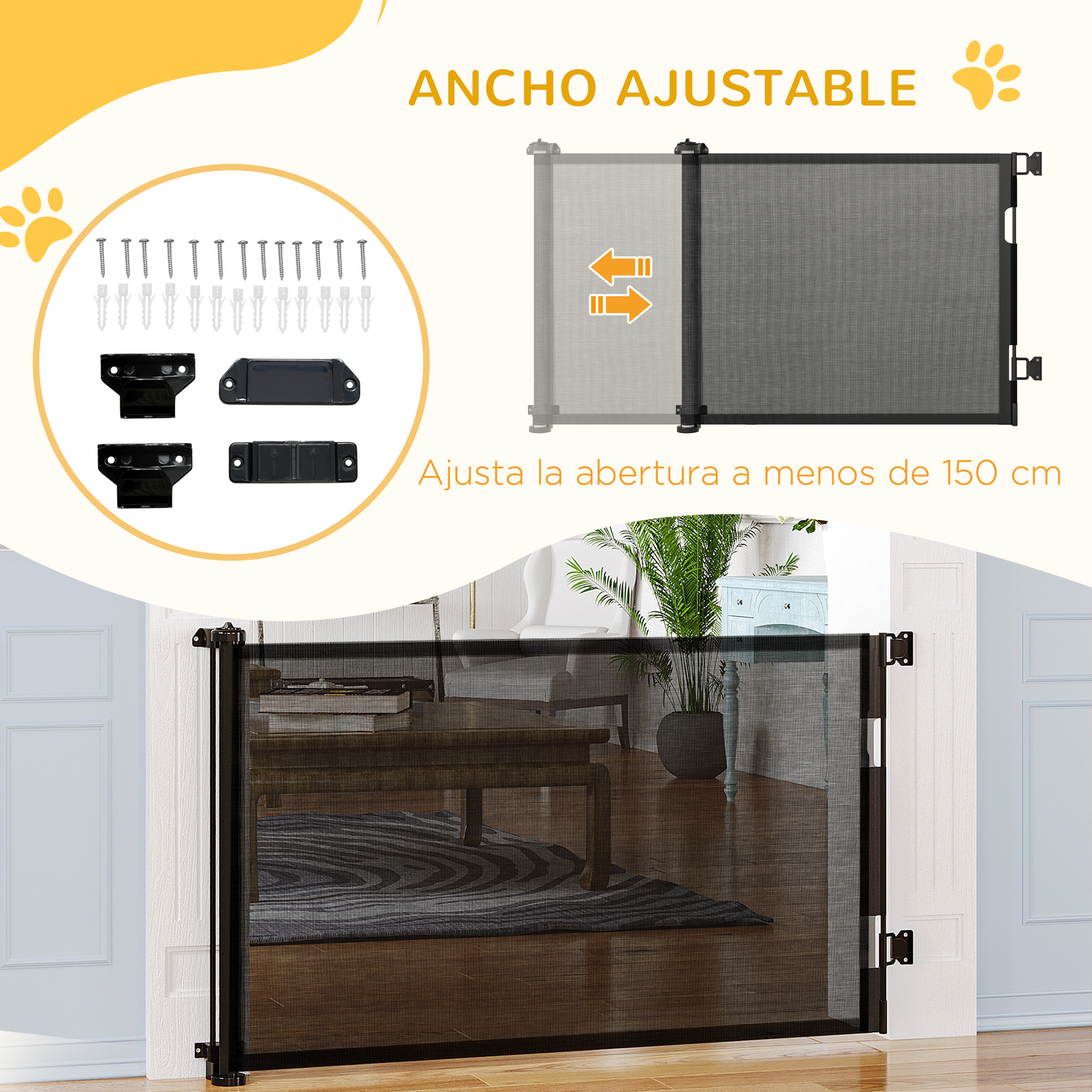 Portão retrátil extensível PawHut de 0 a 150 cm para cães e gatos, barreira para escadas e corredores, liga de alumínio, 165 x 10,7 x 85 cm, preto.