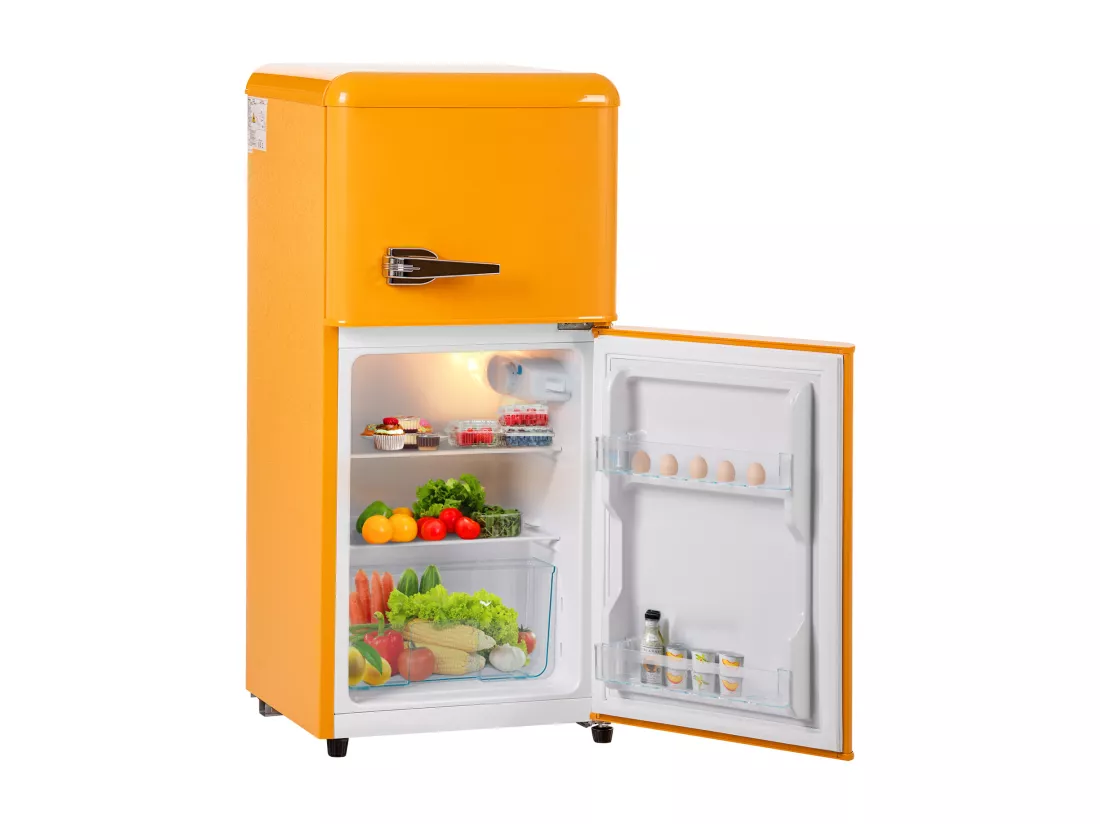 Réfrigérateur Rétro H86x45Lcm - Réfrigérateur Congélateur LED 2 Portes 60L + Congélateur 22L, 163kWh/an, Double Casier à Oeufs et Trois Etagères Intérieures - jaune