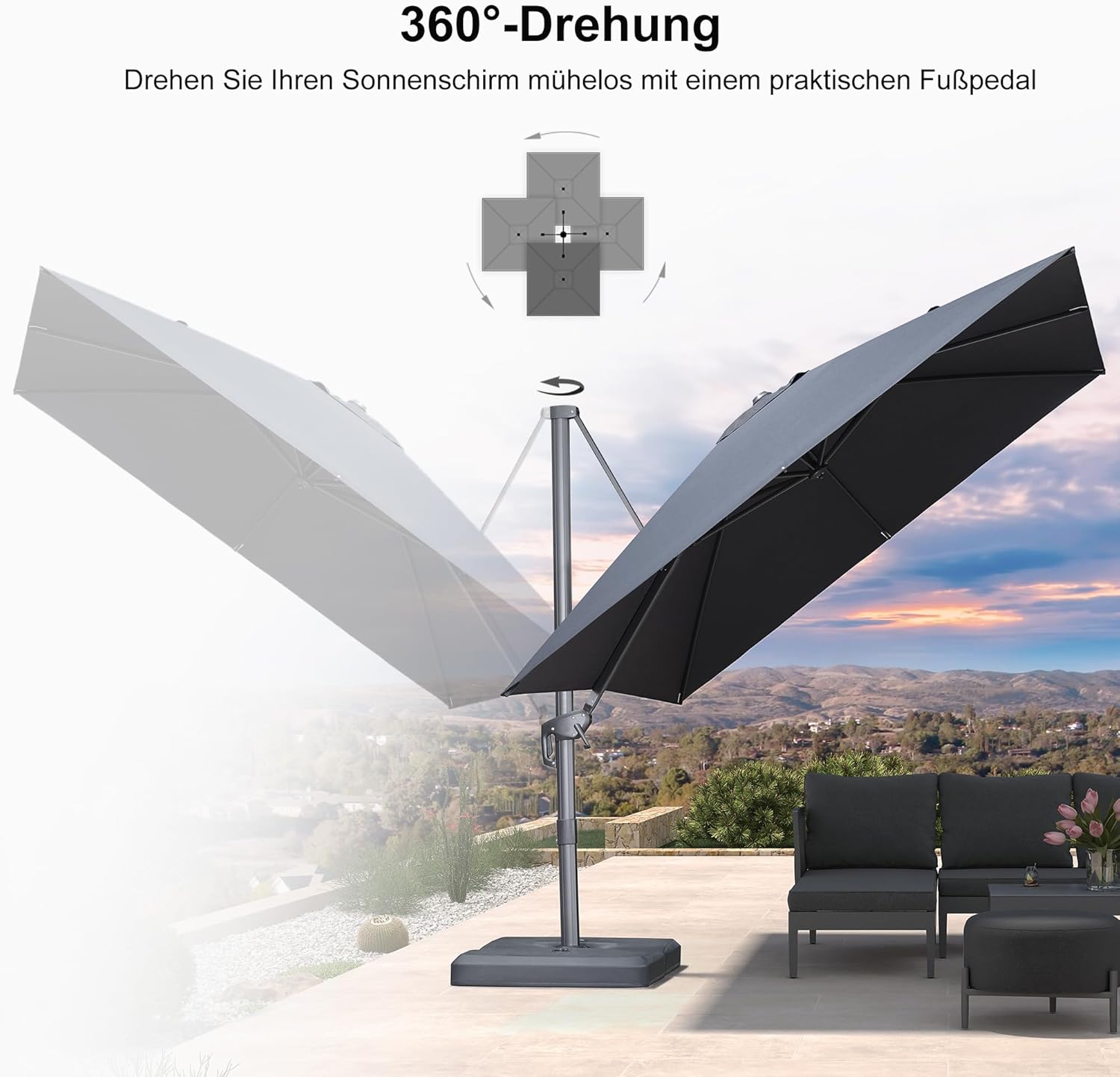 PURPLE LEAF Ampelschirm 300 x 300 cm Sonnenschirm aus Acrylimitat, Gartenschirm mit Kurbel, Gestell Aluminium, 360° Rotation, Wasserabweisend, Sonnenschutz UV50+, Graphitgrau