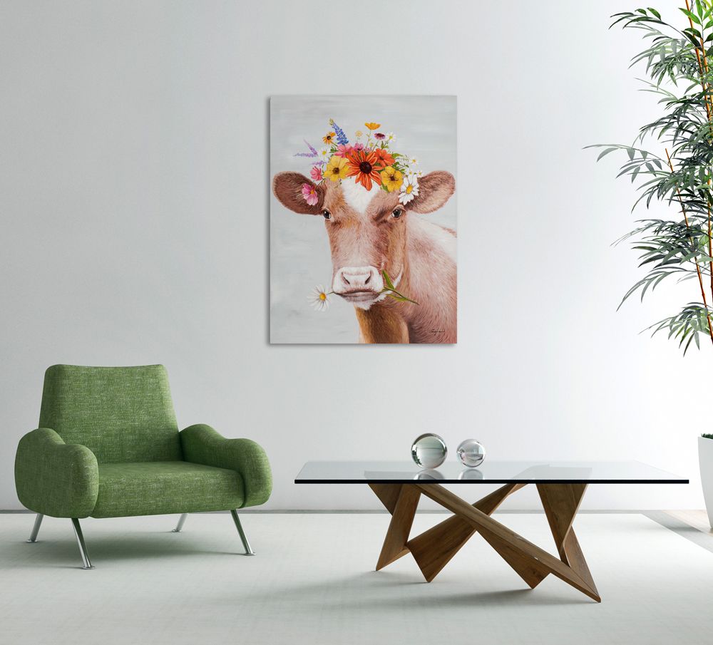 Keilrahmenbild KUH BLUMENKRANZ