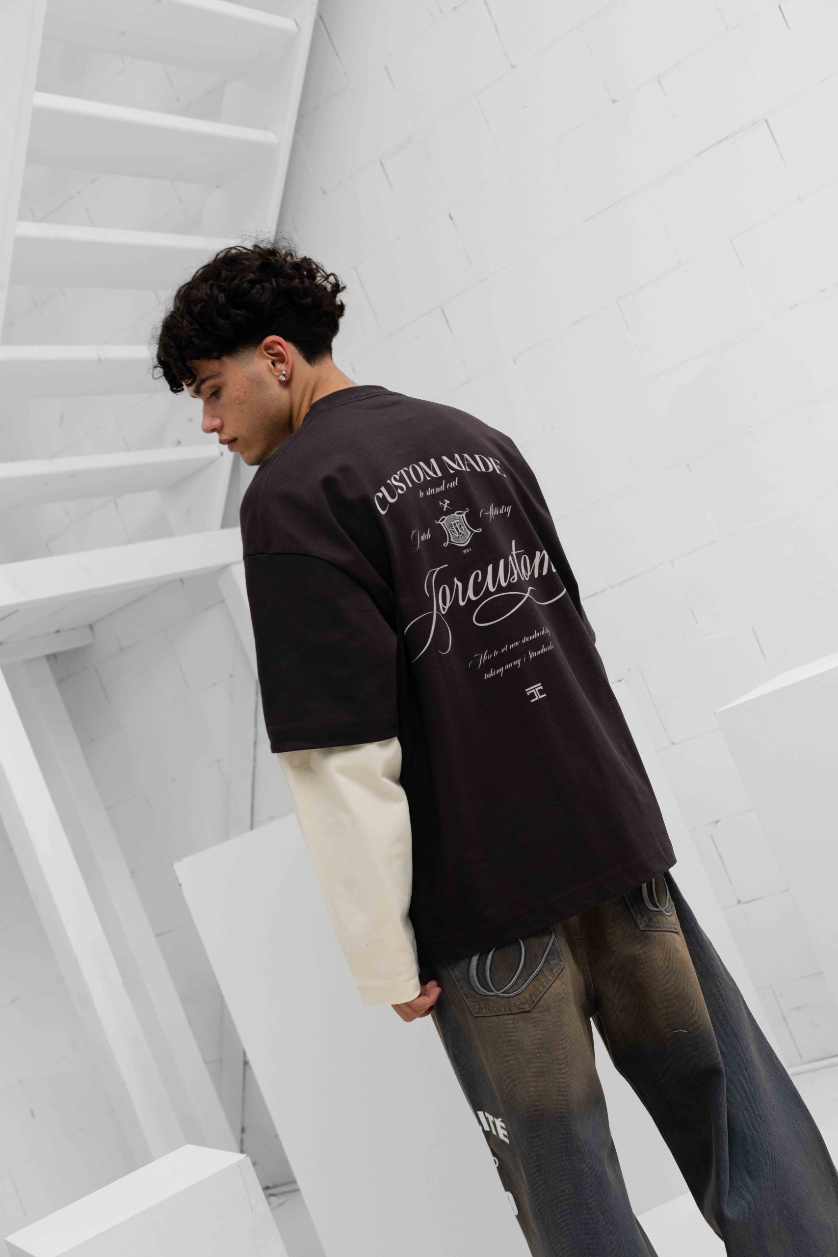 Jorcustom Handscript Double Layered Longsleeve T-Shirt Heren Bruin/Beige