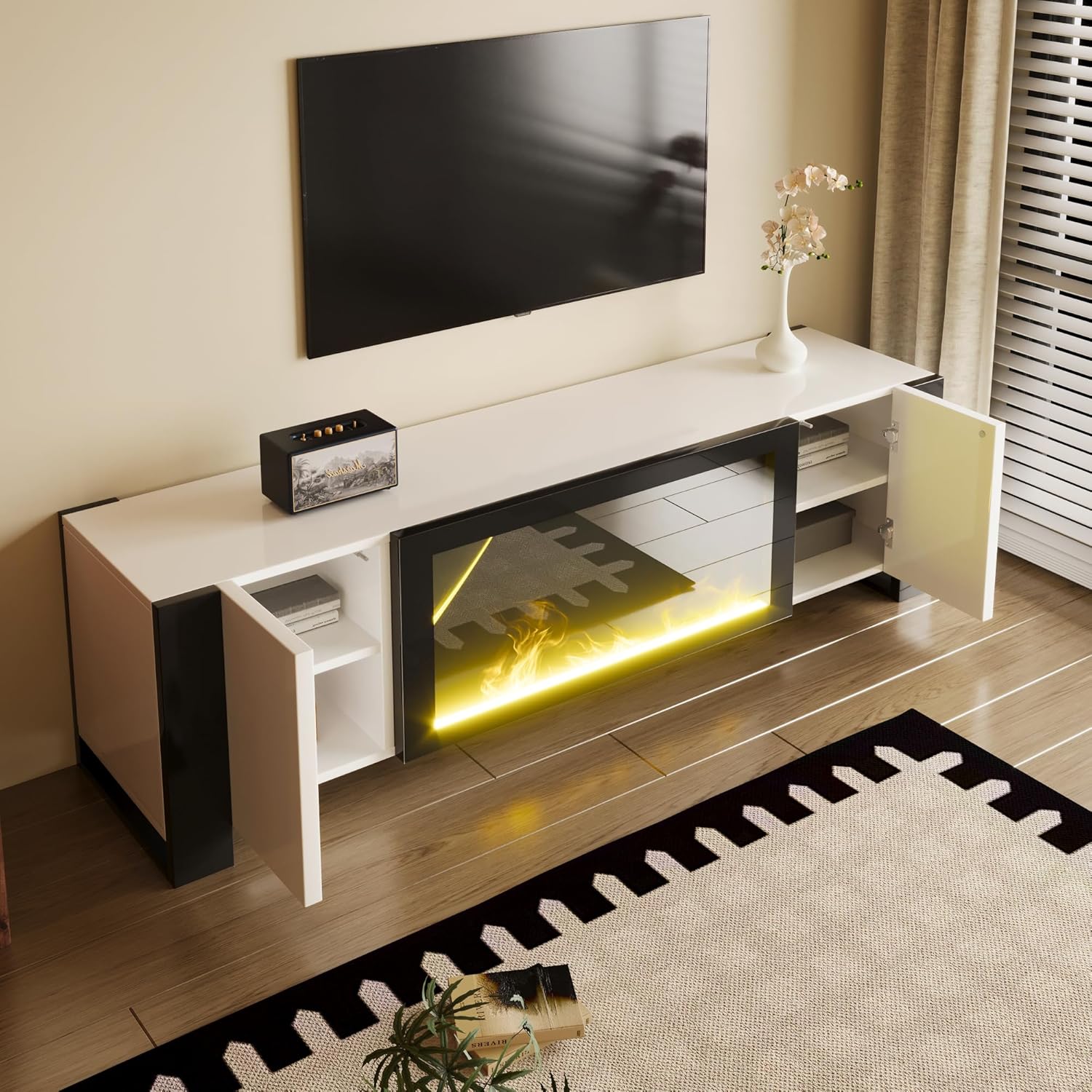 TV-Schrank, Lowboard mit elektrischem Kamin Flammeneffekt, Keine Heizfunktion, Hochglanz, farblich passender TV-Schrank