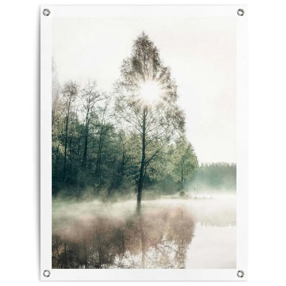 Tuinposter Zon door de bomen - 80x60cm - Groen