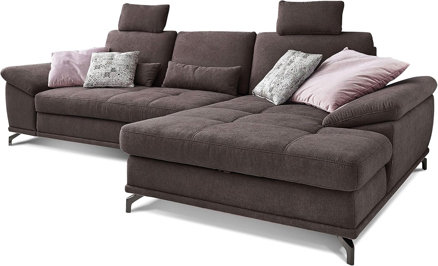 Cavadore Ecksofa Castiel mit Federkern / Großes Sofa in L-Form mit Sitztiefenverstellung, Kopfstützen und XL-Longchair / 312 x 114 x 173 / Webstoff, Dunkelbraun
