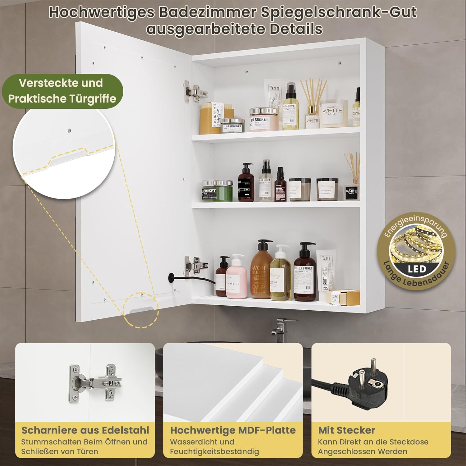 DICTAC Spiegelschrank Bad mit Led Beleuchtung 50x70x16cm Einzeltür Badezimmer spiegelschrank mit licht und Verstellbares Regale Badschrank mit Einstellbar Spiegel,Berührung Sensorschalter,Weiß