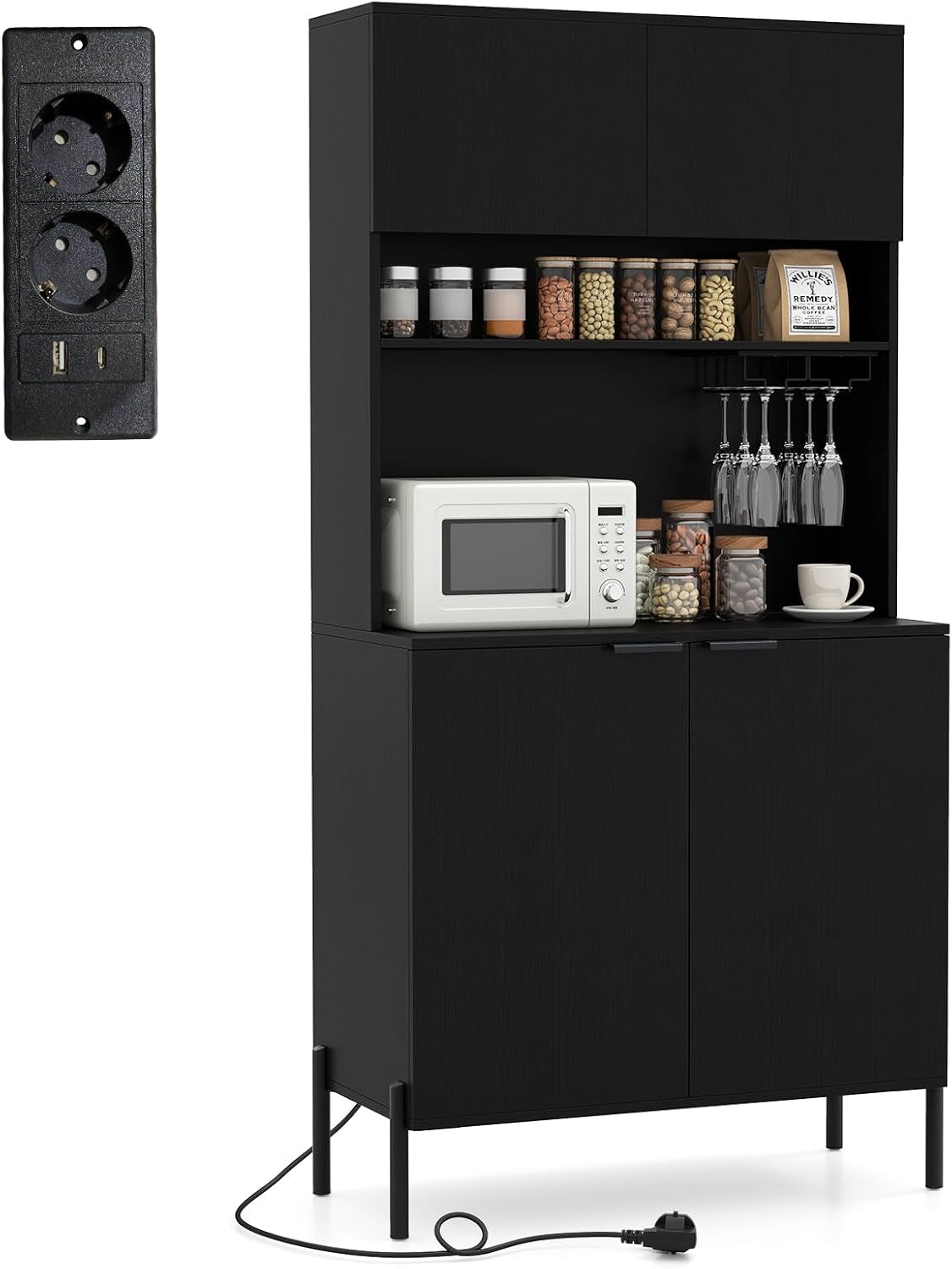 COSTWAY Küchenschrank Holz, Buffetschrank mit Ladestation, Hochschrank mit Türen, Weinglashalter & Arbeitsplatte, Vorratsschrank Aufbewahrungsschrank, für Küche Esszimmer, 80x40x164 cm, Schwarz