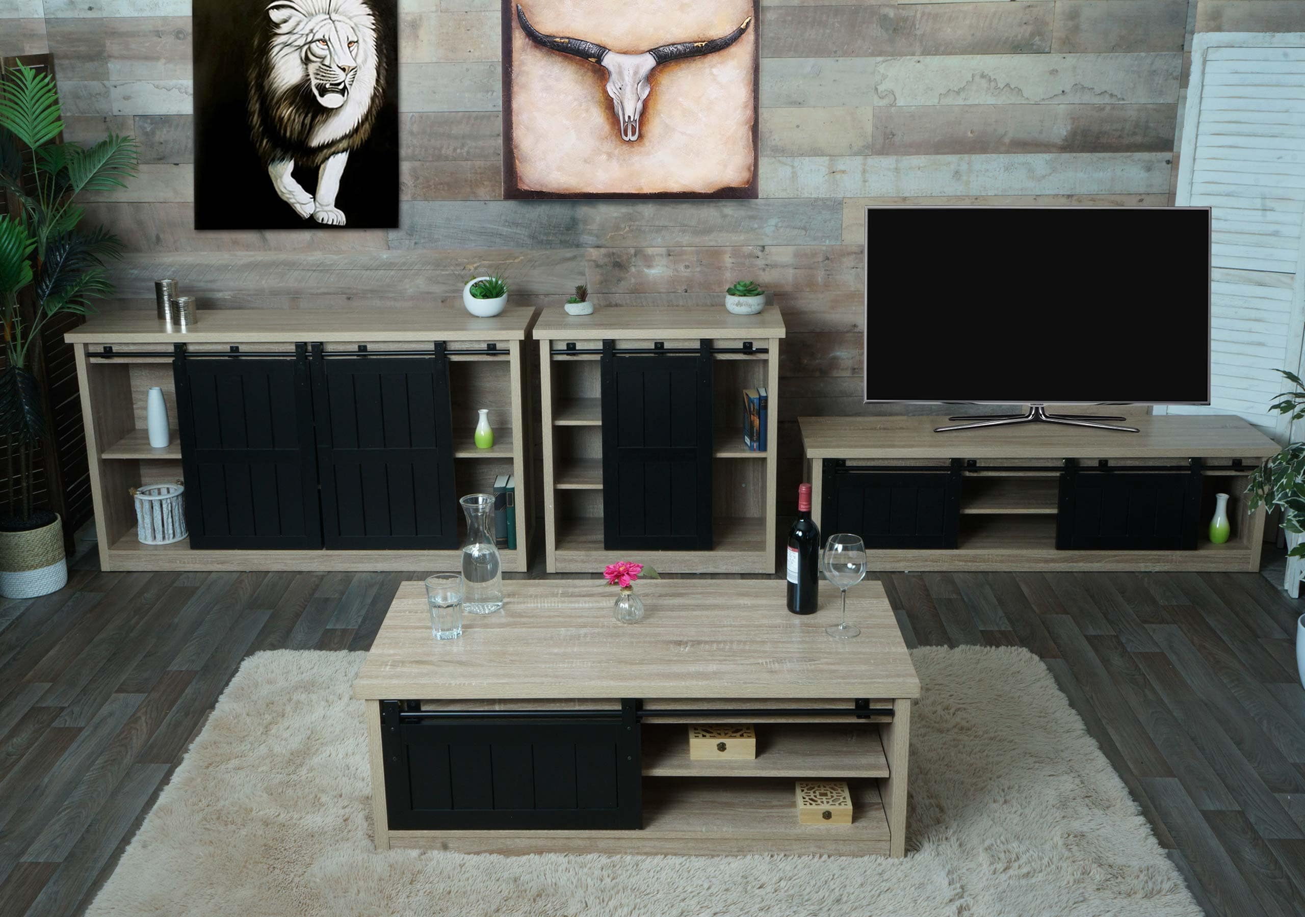 Wohnzimmerset aus TV-Rack, Sideboard, Kommode und Couchtisch MCW-K75, Schiebetür Staufächer, Industrial ~ naturfarben