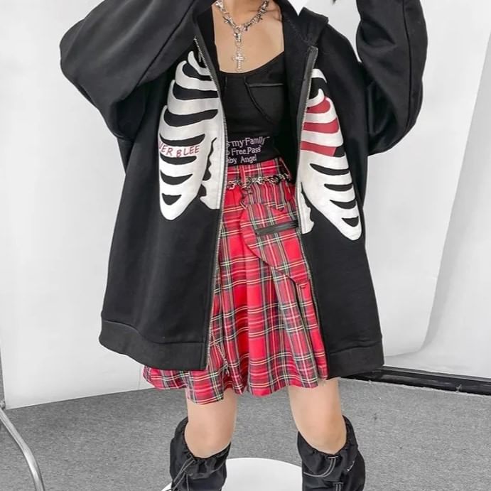 Sensarra - Rib Cage Print Hoodie met Ritssluiting