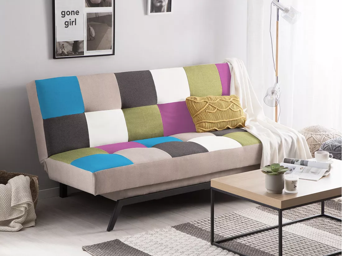 Canapé convertible 3 places en tissu patchwork LEEDS