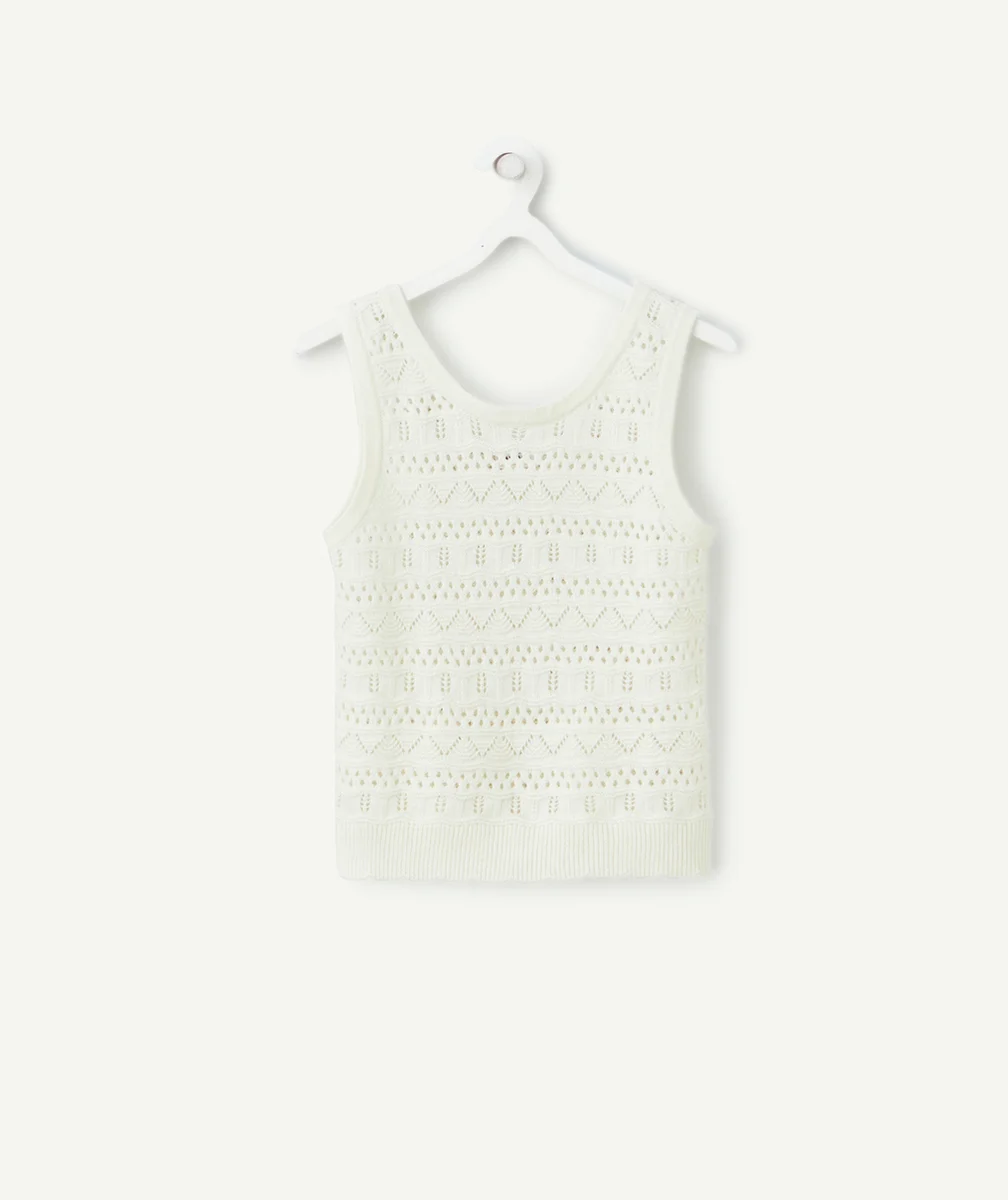 pull sans manches fille en tricot ajouré écru