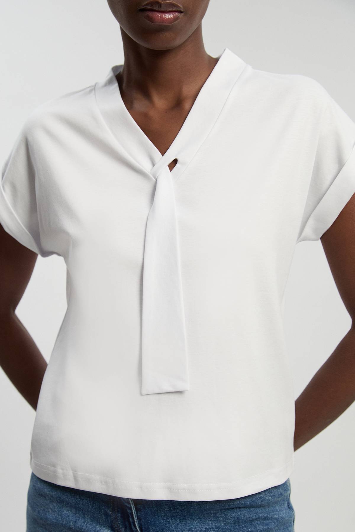 KarenMillen T-shirt Jersey Col V Avec Détail Nœud