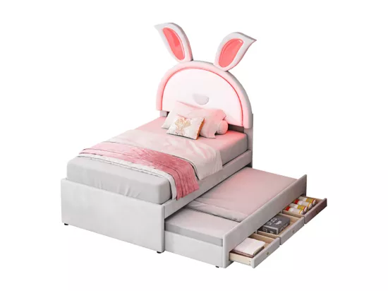 Lit gigogne enfant 90 x 200 cm velours canapé-lit avec lit gigogne tiroir de rangement et lumière LED beige