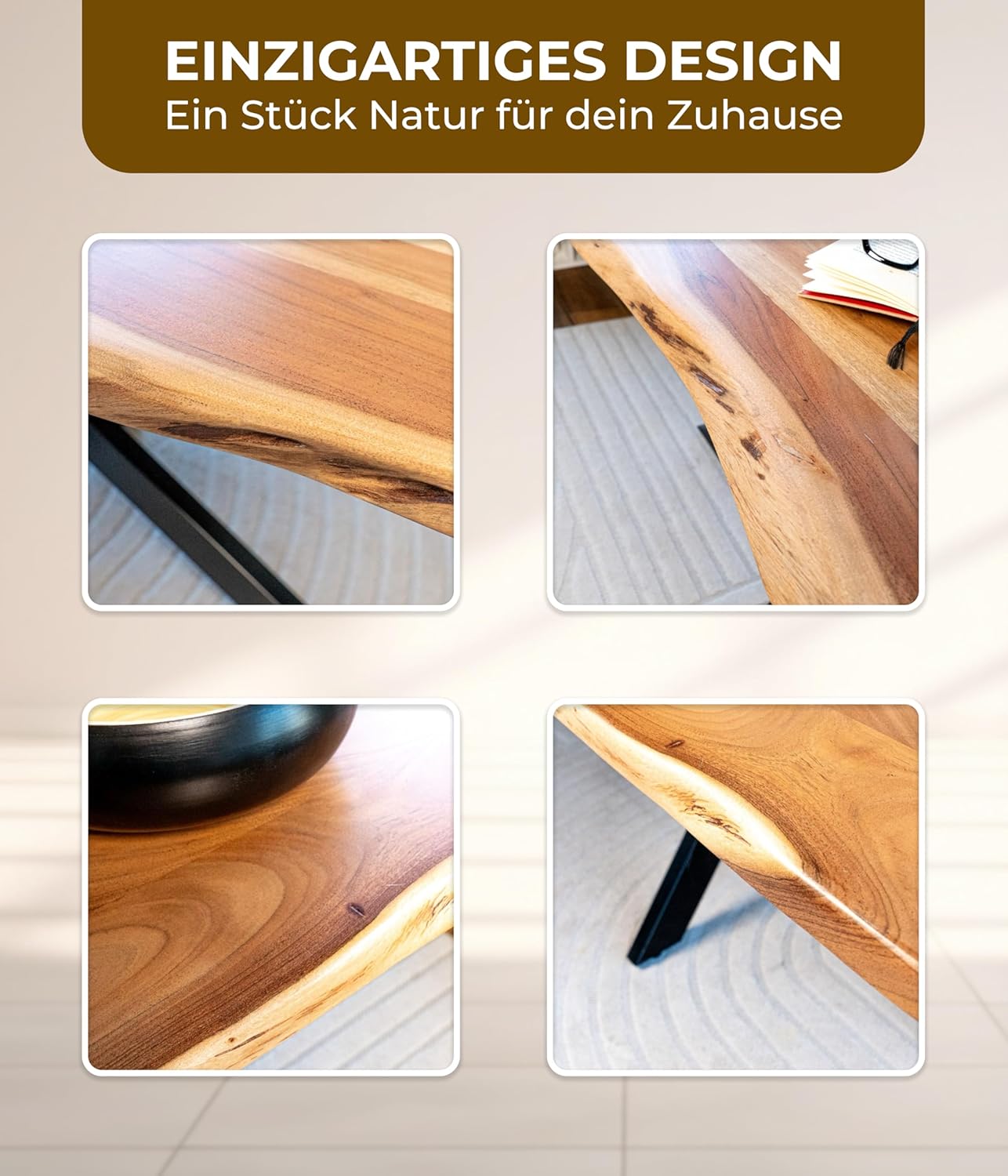 Baumkantentisch 200x100 cm – Tischplatte 3,6 cm – Massivholz Esstisch aus Akazienholz mit U-Gestell, echte Baumkante, naturfarben – Handgefertigt & robust – inkl. Lieferung an den Wunschort