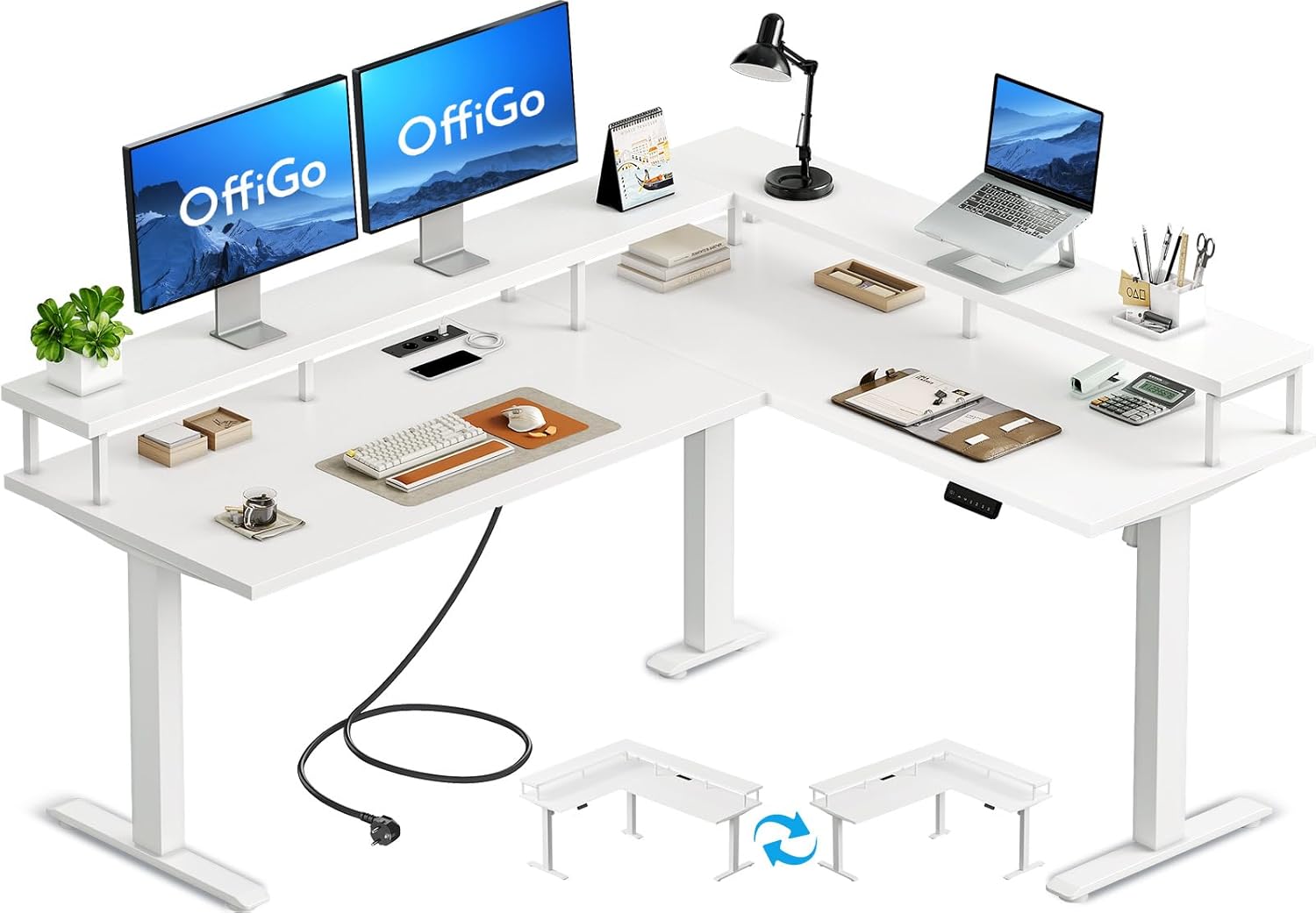 OffiGo Eckschreibtisch Höhenverstellbar, 150x120cm Schreibtisch Höhenverstellbar mit Steckdose, Elektrischer Schreibtisch L Form mit Monitorständer, Weiß