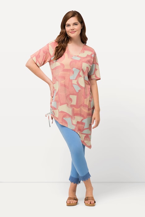 Longshirt, Raffband, Zipfelsaum, V-Ausschnitt, Halbarm