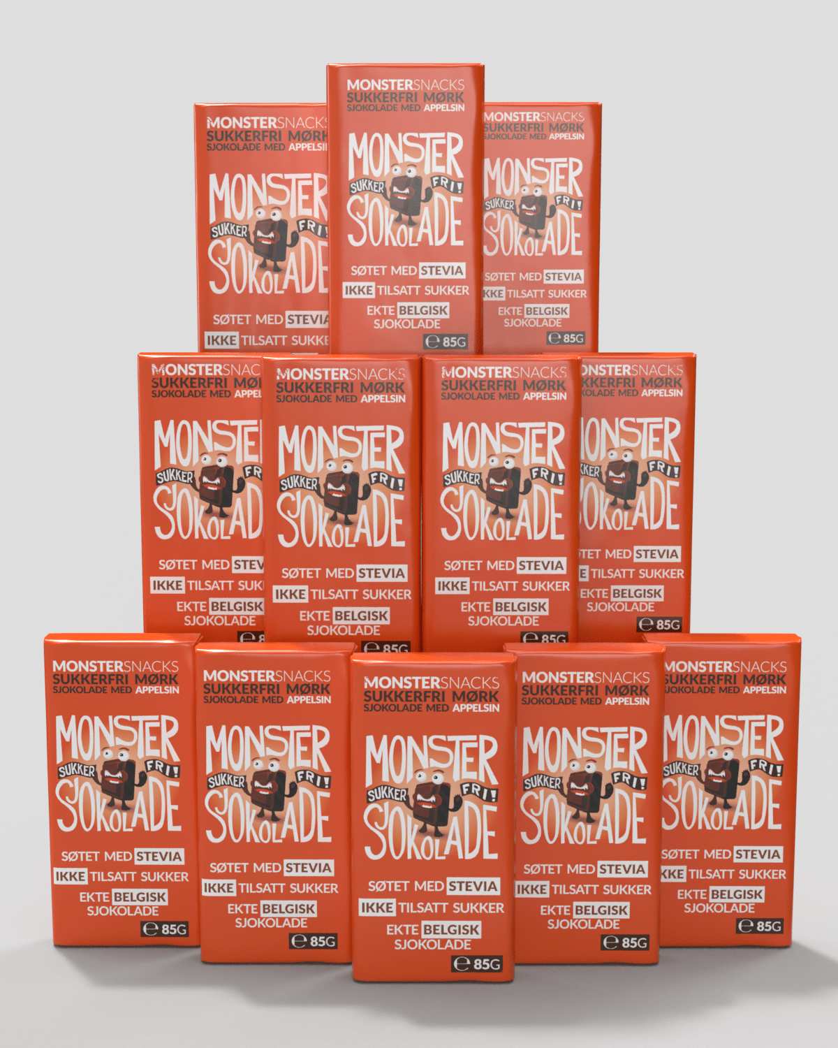 Monster Sukkerfri Belgisk Stevia Mørk Sjokolade &amp; Appelsin 12x85g - PAKKETILBUD