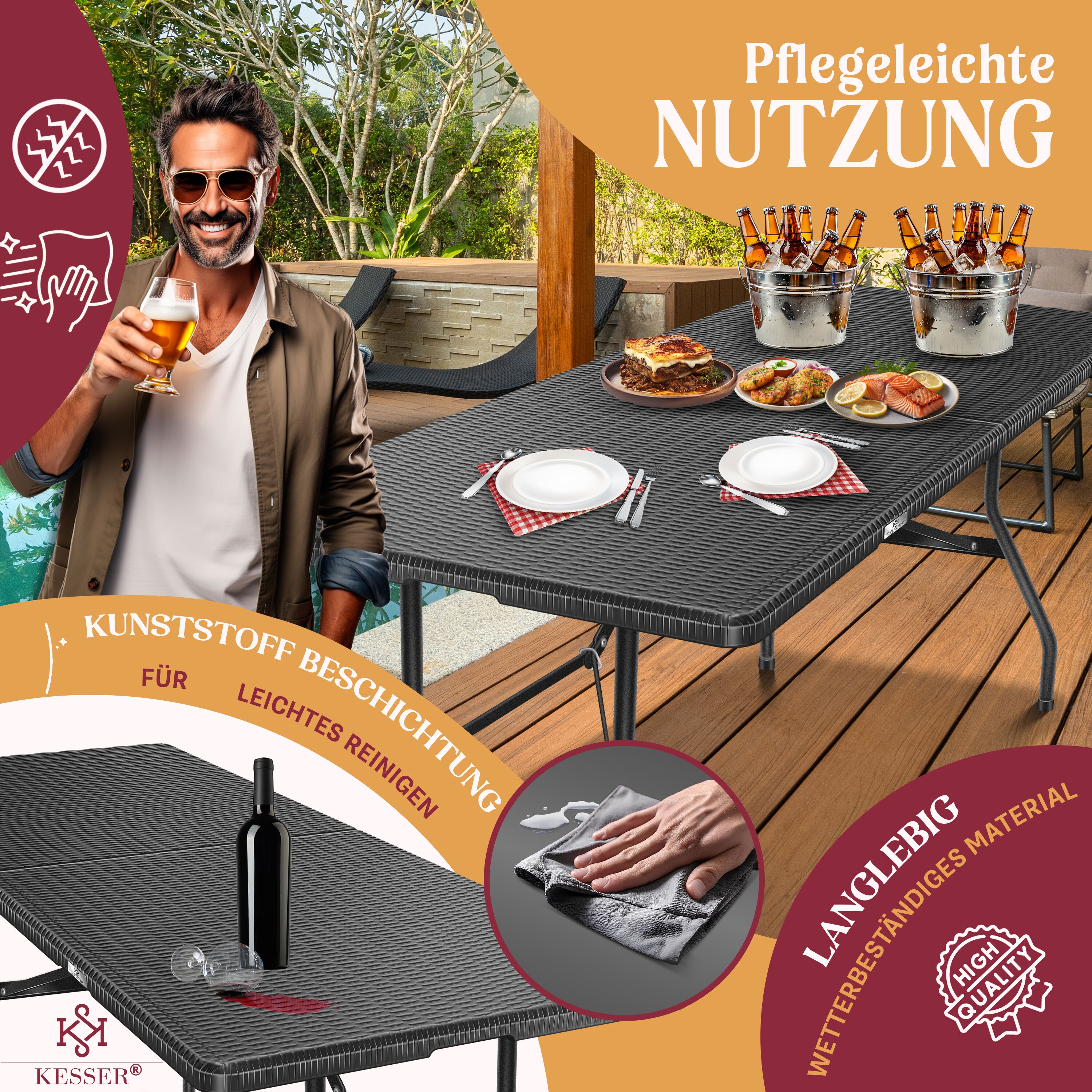 KESSER® Buffettisch Tisch klappbar Kunststoff 180x75 cm Rattan Optik Campingtisch Partytisch Klapptisch Gartentisch für Garten Terrasse und Balkon zusammenklappbar 6 Personen ink. Tragegriff