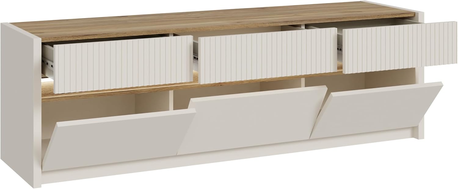 Forte Oak SQUERE TV-Schrank 160, Elegantes Lowboard mit 3 Schubladen und 3 Kippfächern, Holzwerkstoff, Mauvella Eiche Holzdekor, 160 cm breit x 50,7 cm hoch x 41,5 cm tief