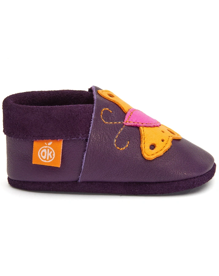 Leder-Hausschuhe BUTTERFLY DER SCHMETTERLING in aubergine