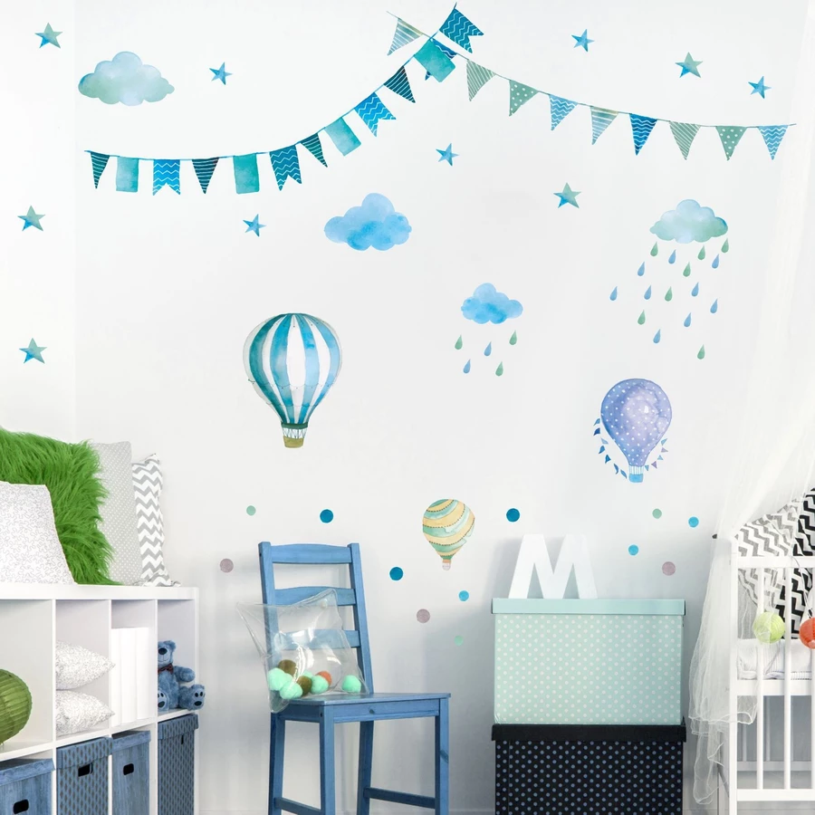 Nikima Wandtattoo 016 Wandtattoo Girlande Wimpelkette Ballon Wolke Regen Sterne mint blau grün blau