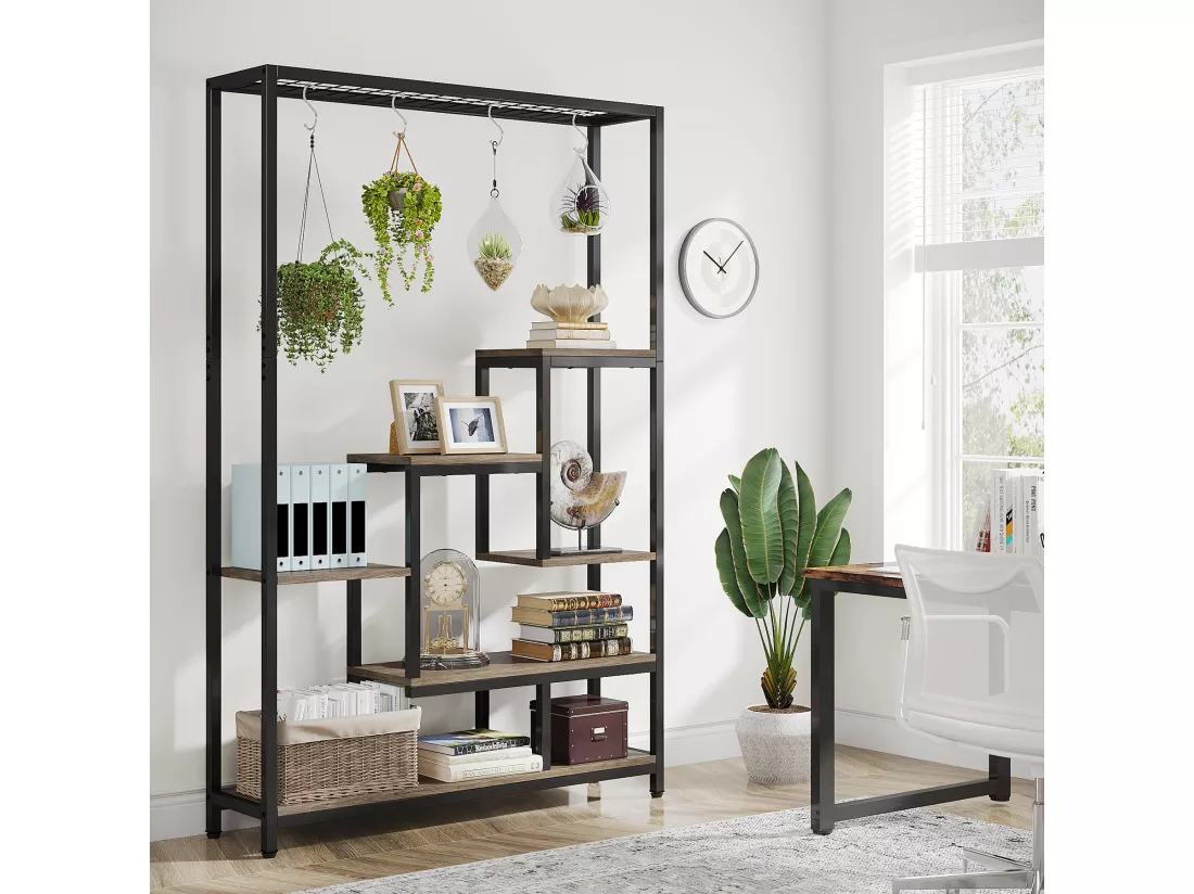 Tribesigns Support pour plantes d'intérieur à 5 niveaux - Étagère en métal de 180,1 cm avec 10 crochets de suspension en S - Pour intérieur, jardin, balcon, salon - Noir et Gris
