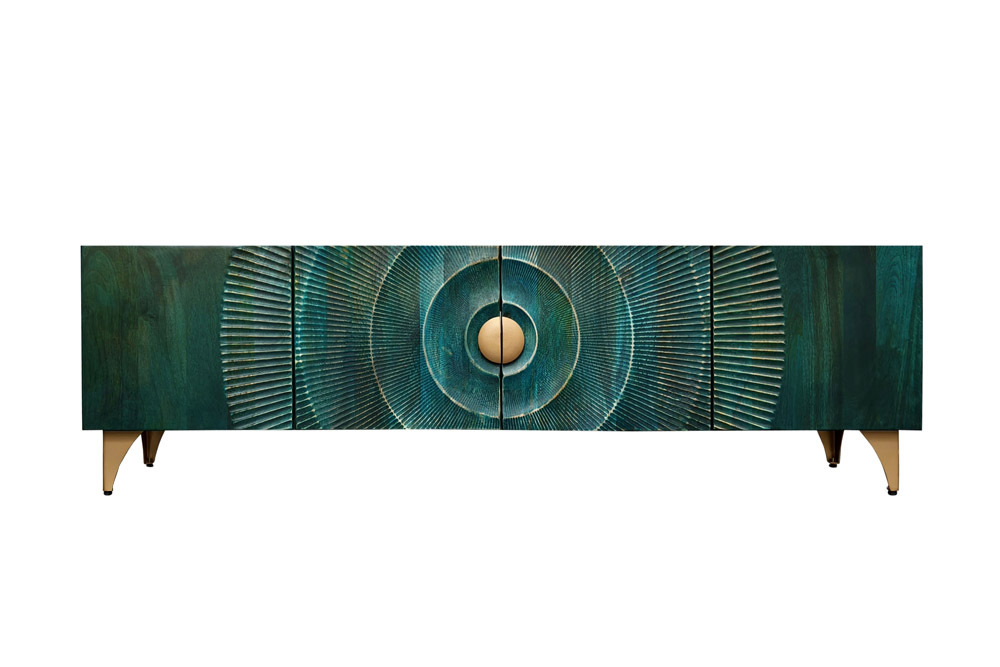 Massives TV-Lowboard GOLDEN SUNSET 180cm türkis 3D-Schnitzereien gold Mangoholz Metall