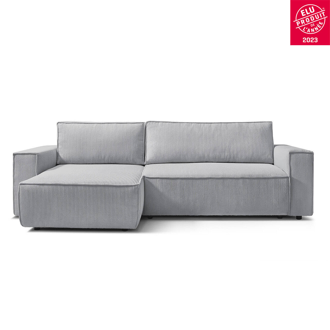 Bobochic Canapé d'angle convertible reversible Nihad en velours côtelé gris clair - 282x153 cm