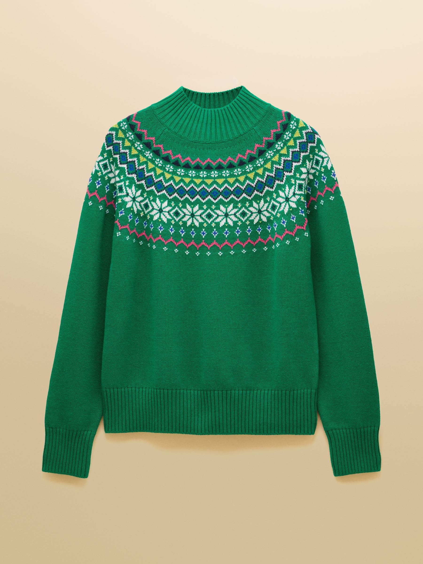 Groen - Joules Alba Fair Isle High Neck Cotton-Blend Jumper
