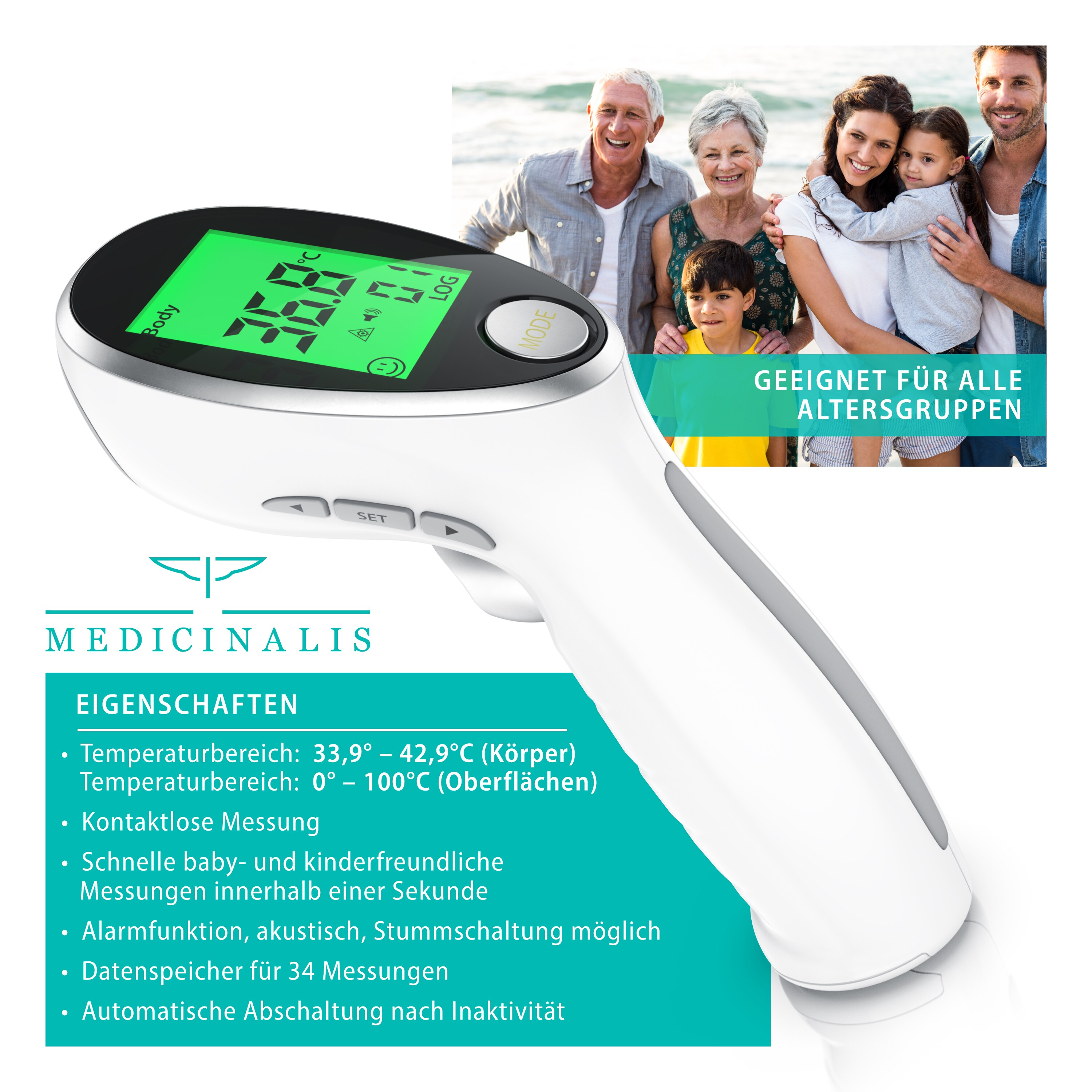 Medicinalis Infrarot Thermometer Fieberthermometer digital - berührungslose Messung und Oberflächenmessung- LCD-Display beleuchtet - Fieberalarm