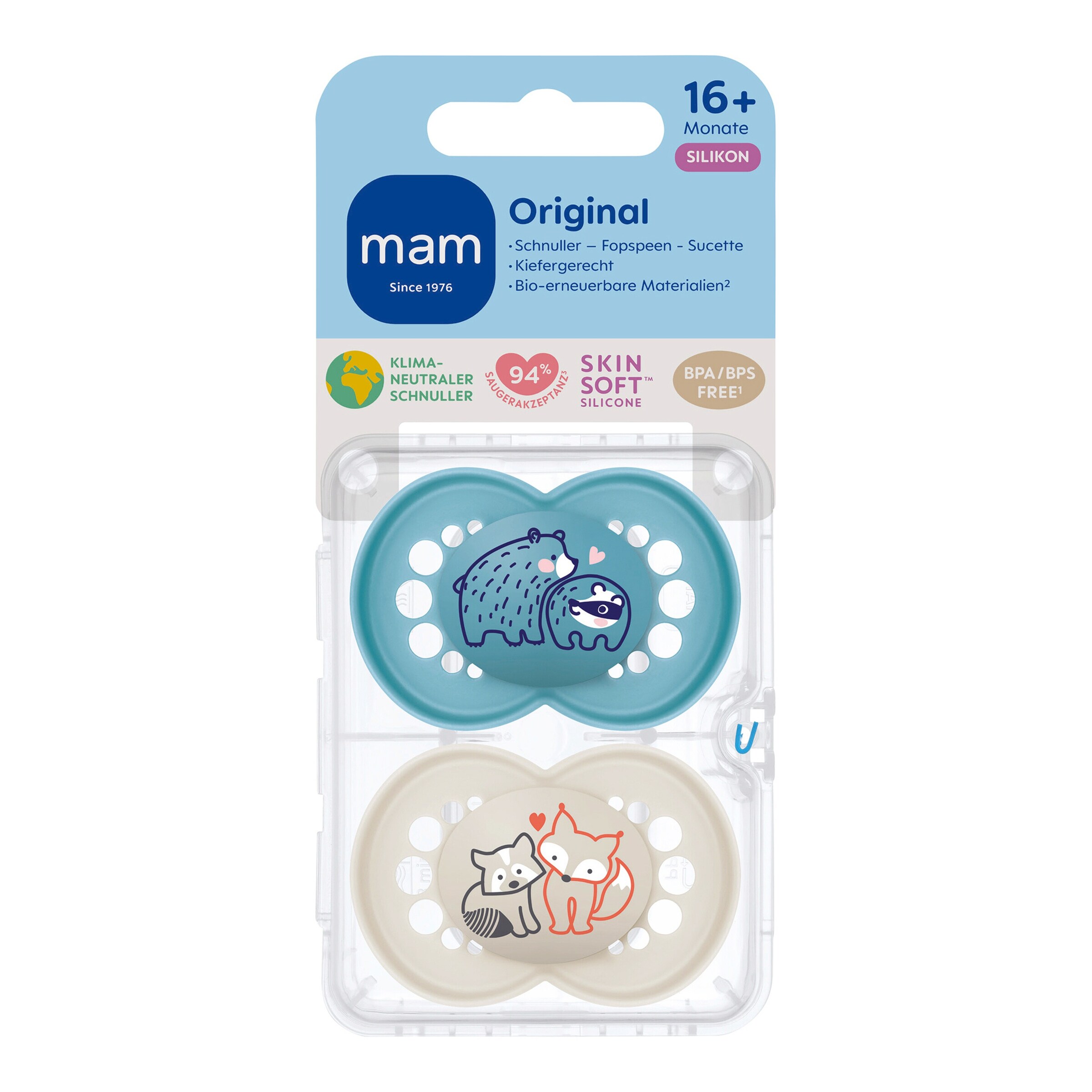 MAM 2er-Pack Schnuller Original Silikon, 16+M Bär blau / Fuchs beige