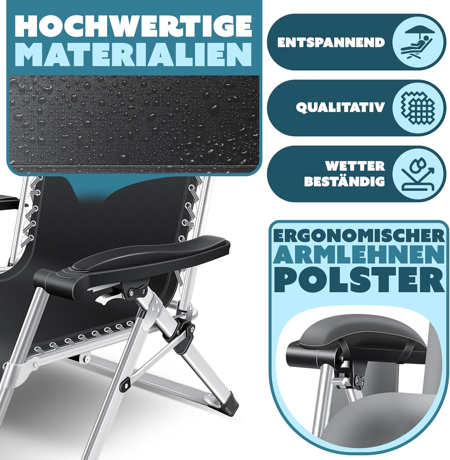 KESSER® Sonnenliege Liegestuhl,Gartenliege extra breit & Wetterfest,Belastbar 200kg,Ergonomisches Polster verstellbare Rückenlehne inkl. Nackenkissen Getränkehalter Armpolster & Seitentasche Grau