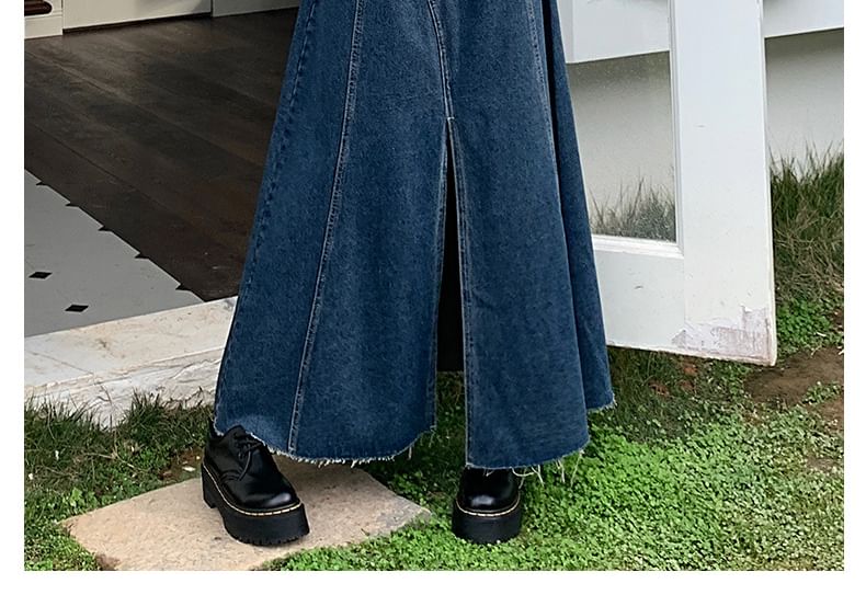 Denimot - Hoge taille gewassen, gerafeld split maxi A-lijn denim rok