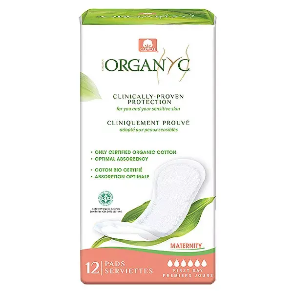 Absorventes higiênicos Organyc Maternity First Days, algodão orgânico, pacote com 12 unidades.