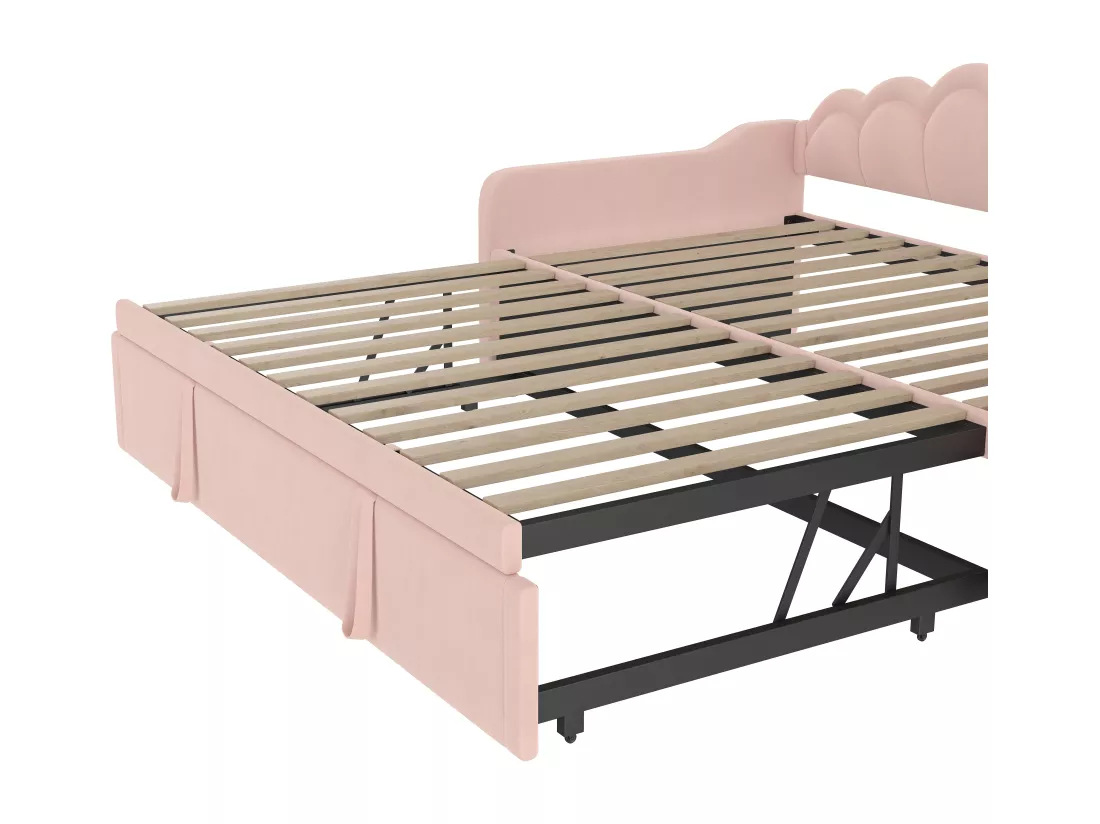 Canapé-lit 90x200/180x200 cm - avec lit gigogne - avec bande lumineuse LED - velours - rose (matelas non inclus)