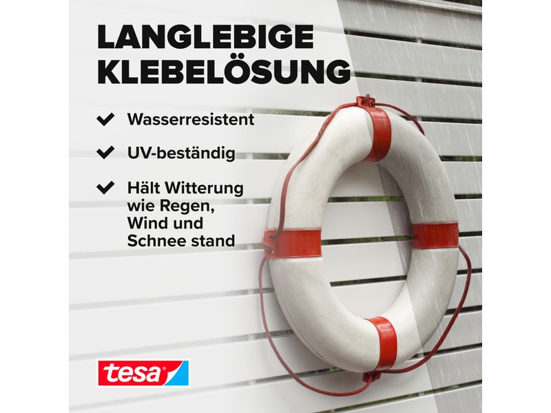 tesa Montageband Powerbond Outdoor ohne Bohren - 1.5m x 19 Doppelseitiges Montageband, Aussenbereich, Wasserfest, stark, UV-beständig