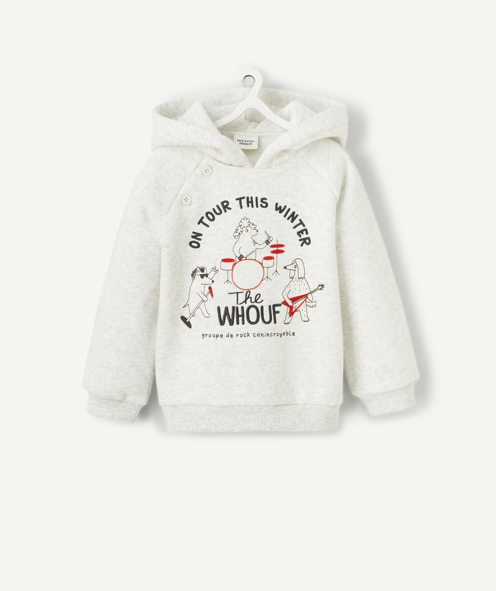 SWEAT À CAPUCHE BÉBÉ GARÇON EN FIBRES RECYCLÉES GRIS CHINÉ THÈME MUSICIENS