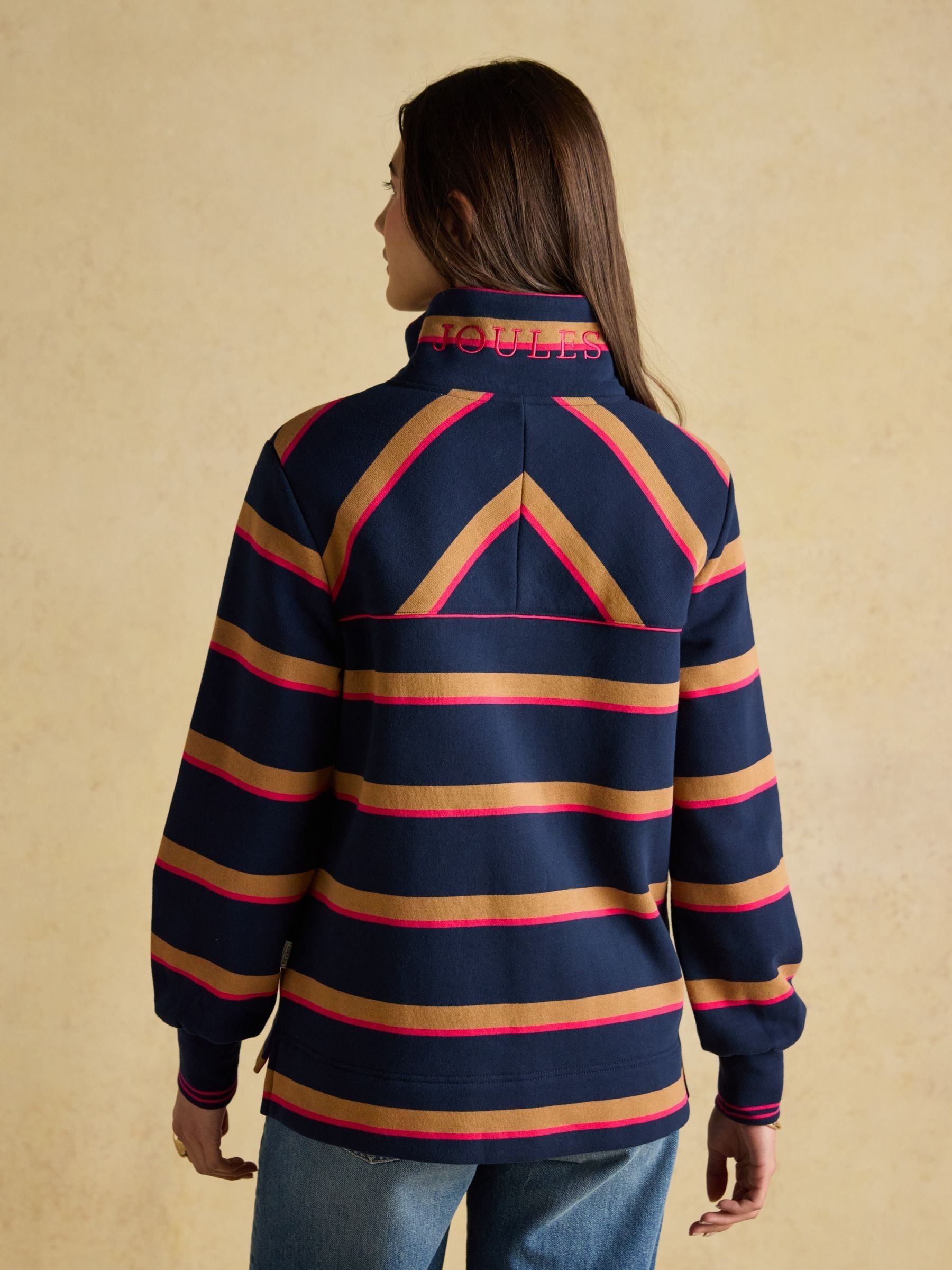 Marineblauw/lichtbruine streep - Joules Burnham Premium Brushed Cotton Funnel Neck Quarter Zip Sweatshirt