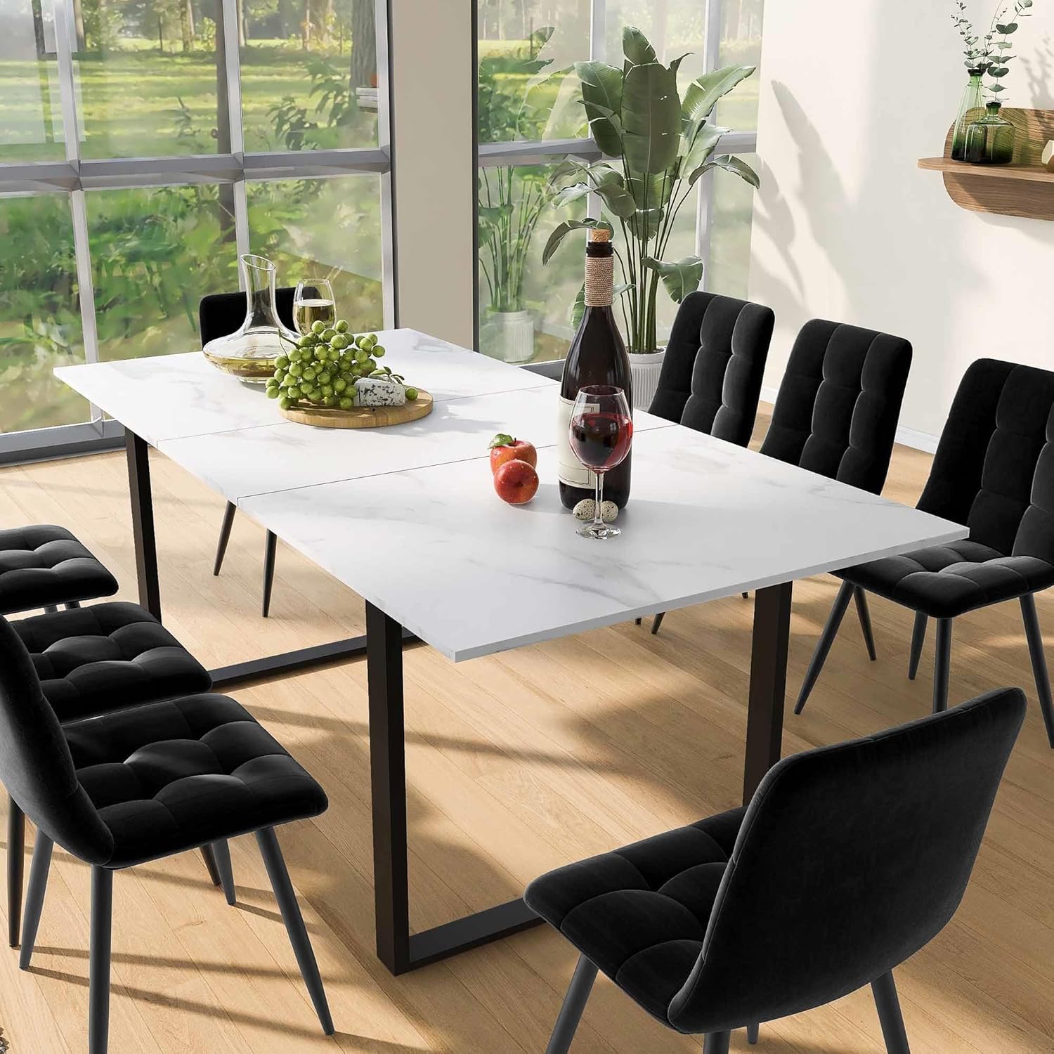 Esstisch ausziehbar 140-180x70x75 cm, rechteckiger Küchentisch, Esszimmertisch mit Tischplatte in Marmoroptik und Metallbeinen, Ausziehbarer tisch für 4-8 Personen, für Wohn- und Esszimmer, weiß.