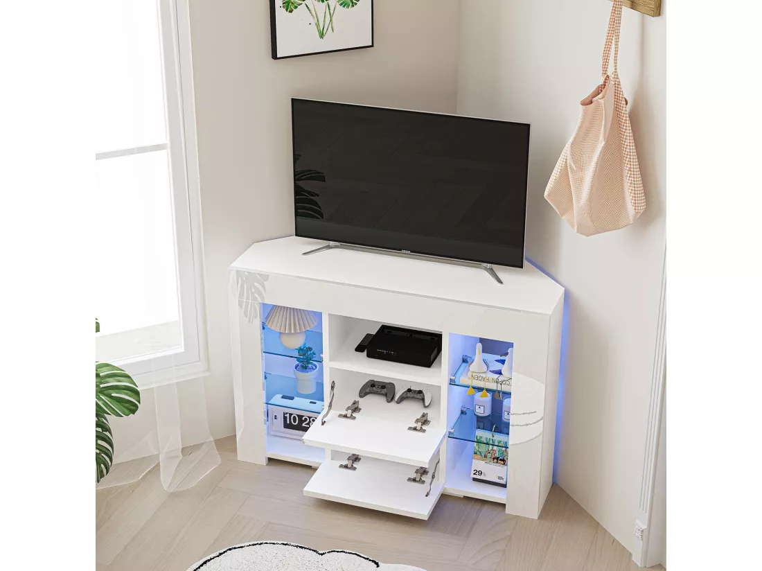 Meuble TV d'angle Moderne à LED Lumière, Banc TV Moderne Blanc Haut Brillant, 9 Compartiments, Meuble Salon 100x40x68CM