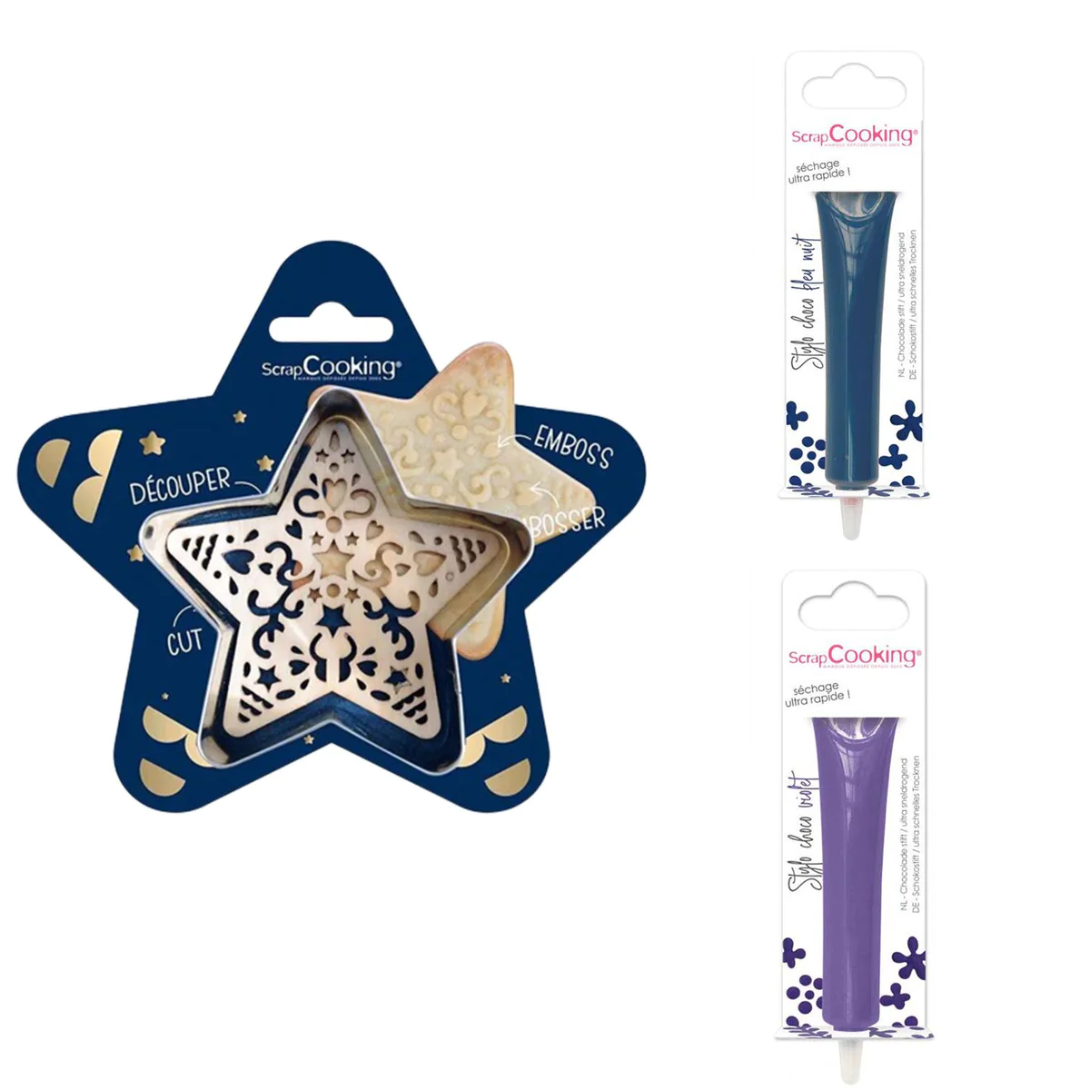 Kit pour biscuit en relief Étoile + 2 Stylos au chocolat bleu nuit et