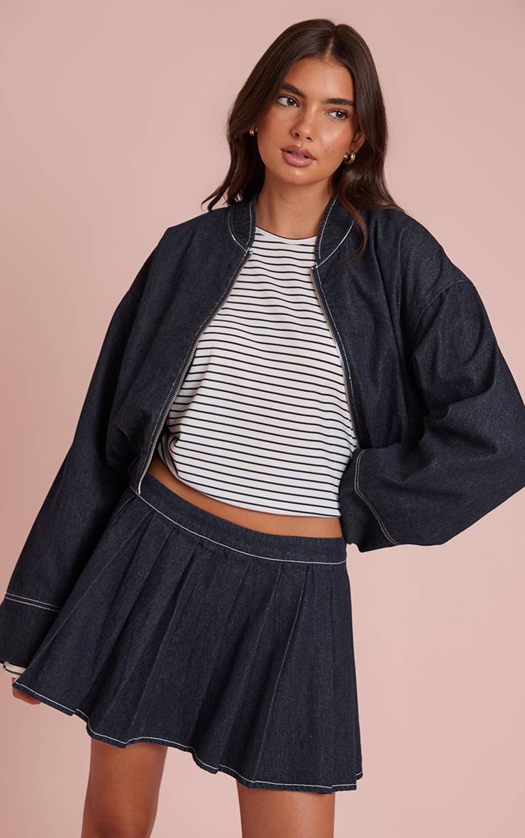 Bleu Indigo Jupe Mini Plissée En Denim