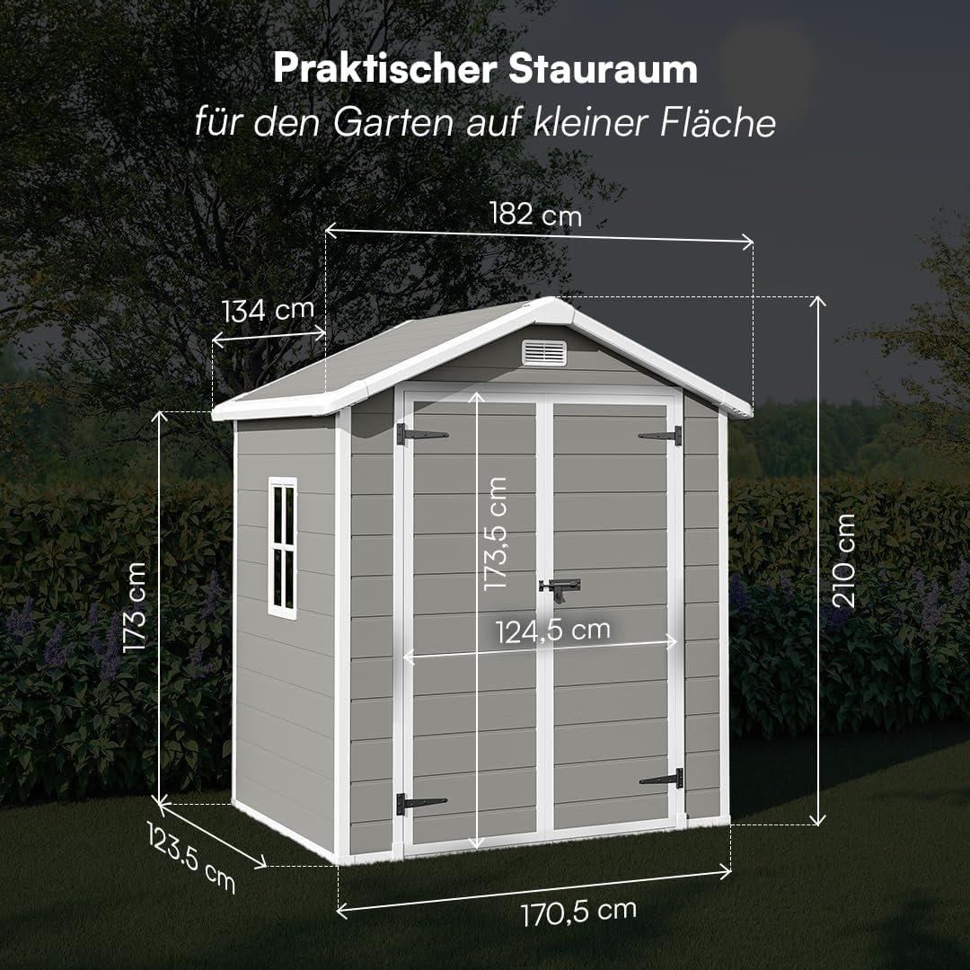 STEELSØN Novara Gerätehaus – Gartenschuppen mit Satteldach & Fenster – Gartenhaus 210x134x182 cm (HxTxB) – Geräteschuppen aus Kunststoff in Grau – Gartenhütte wetterfest & rostfrei – Schuppen